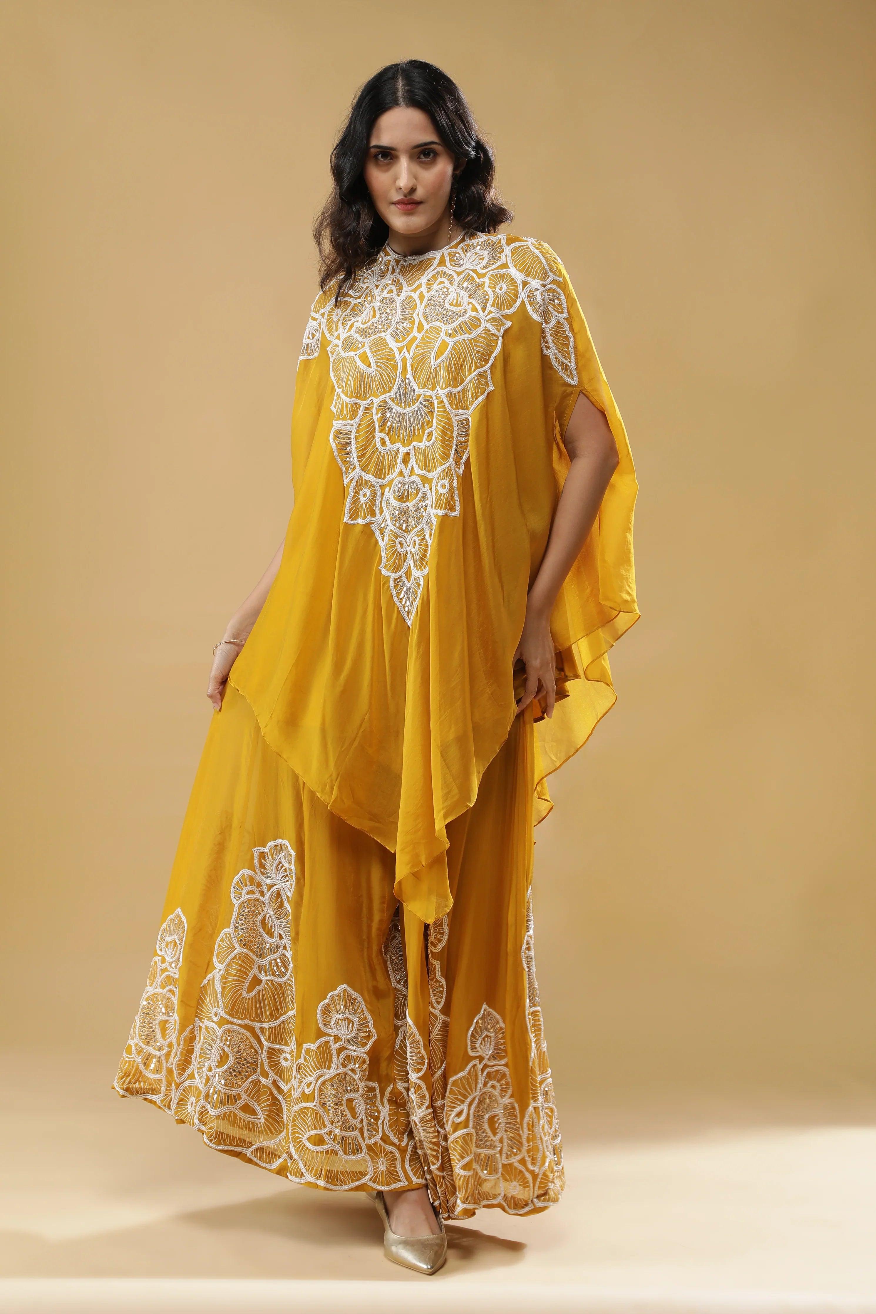 Yellow Organza Cape Set - Mokshaa