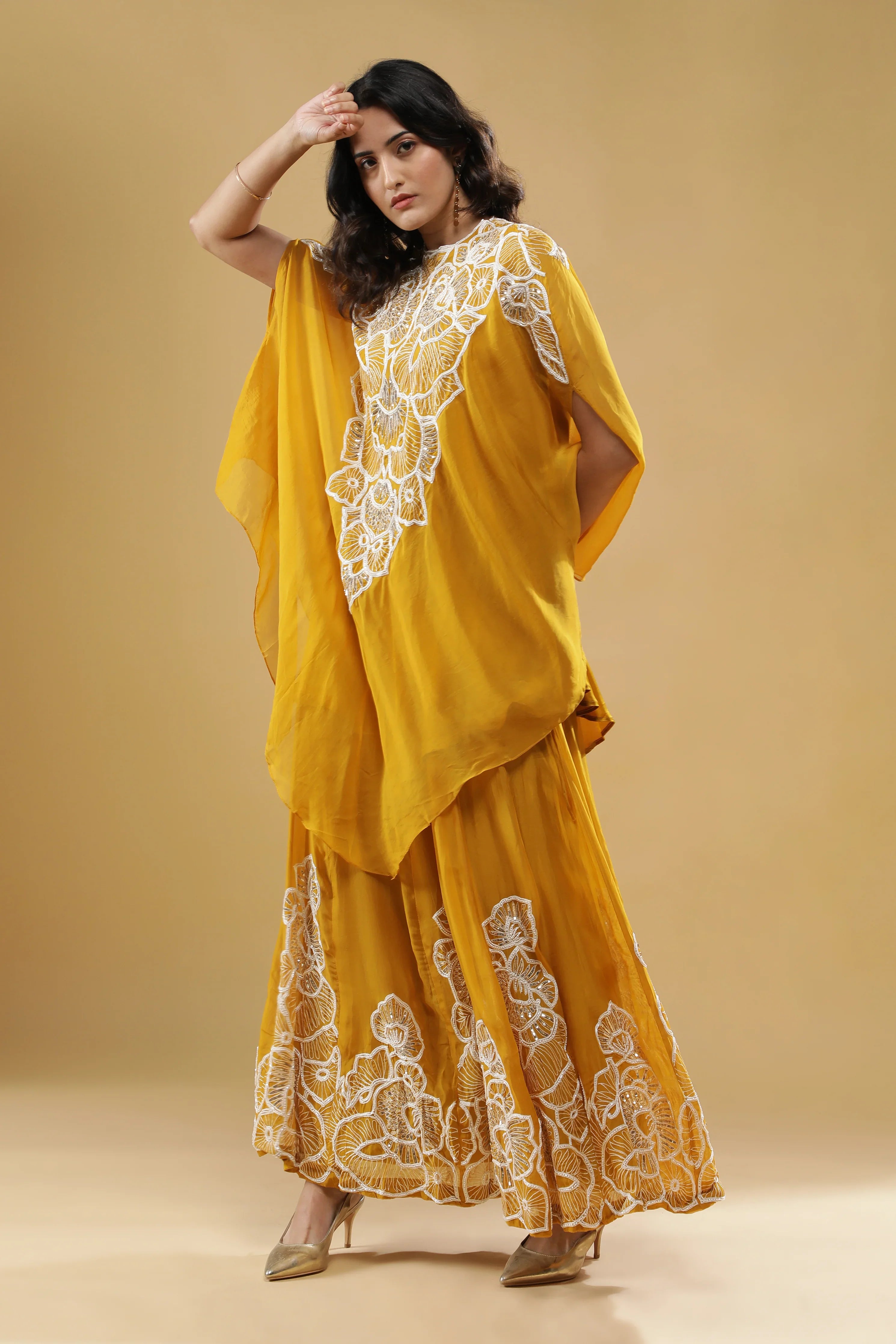 Yellow Organza Cape Set - Mokshaa