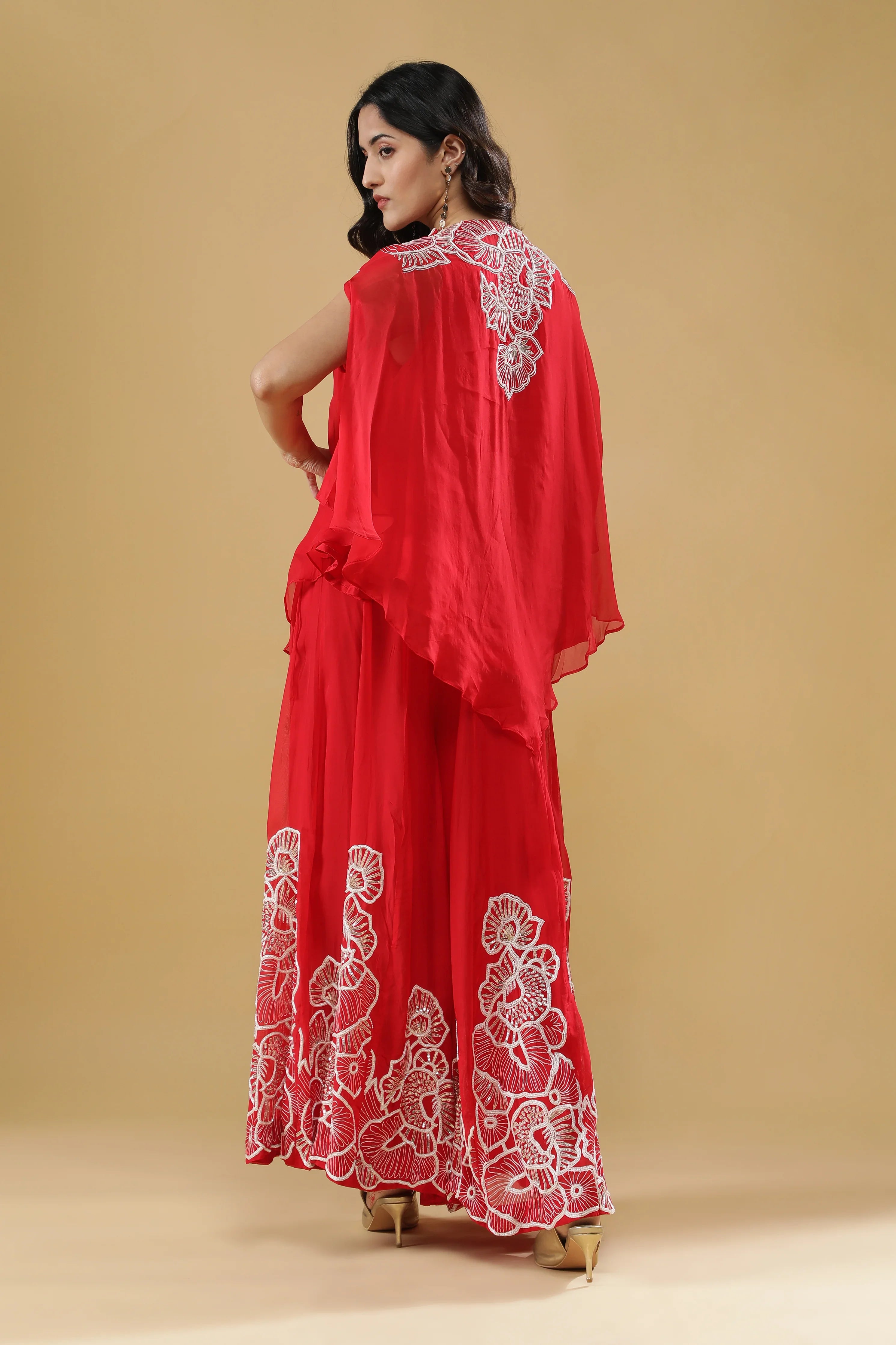 Red Organza Cape Set - Mokshaa