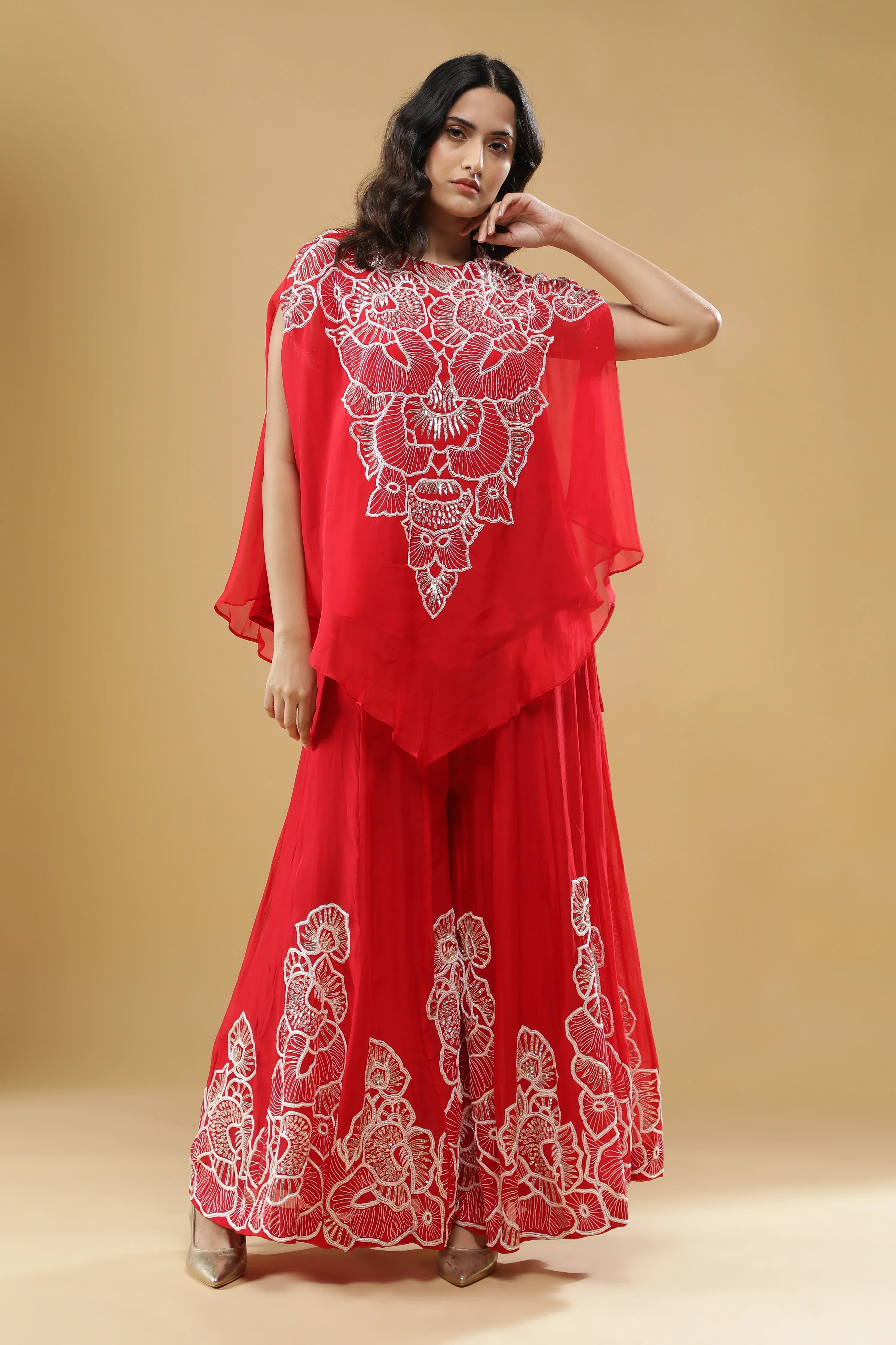 Red Organza Cape Set - Mokshaa