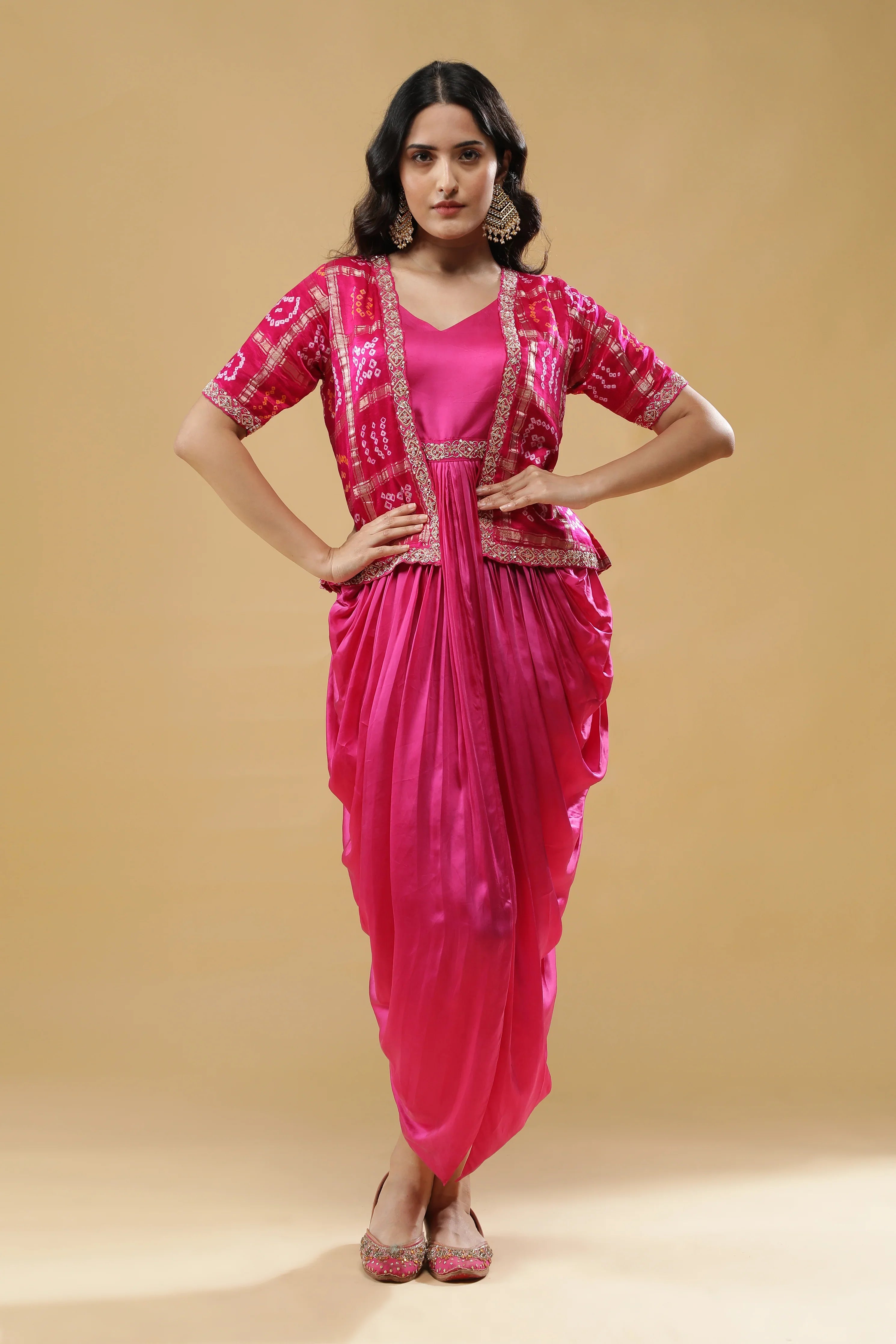 Pink Satin Silk Drape Gown with Bandhej Jacket - Mokshaa