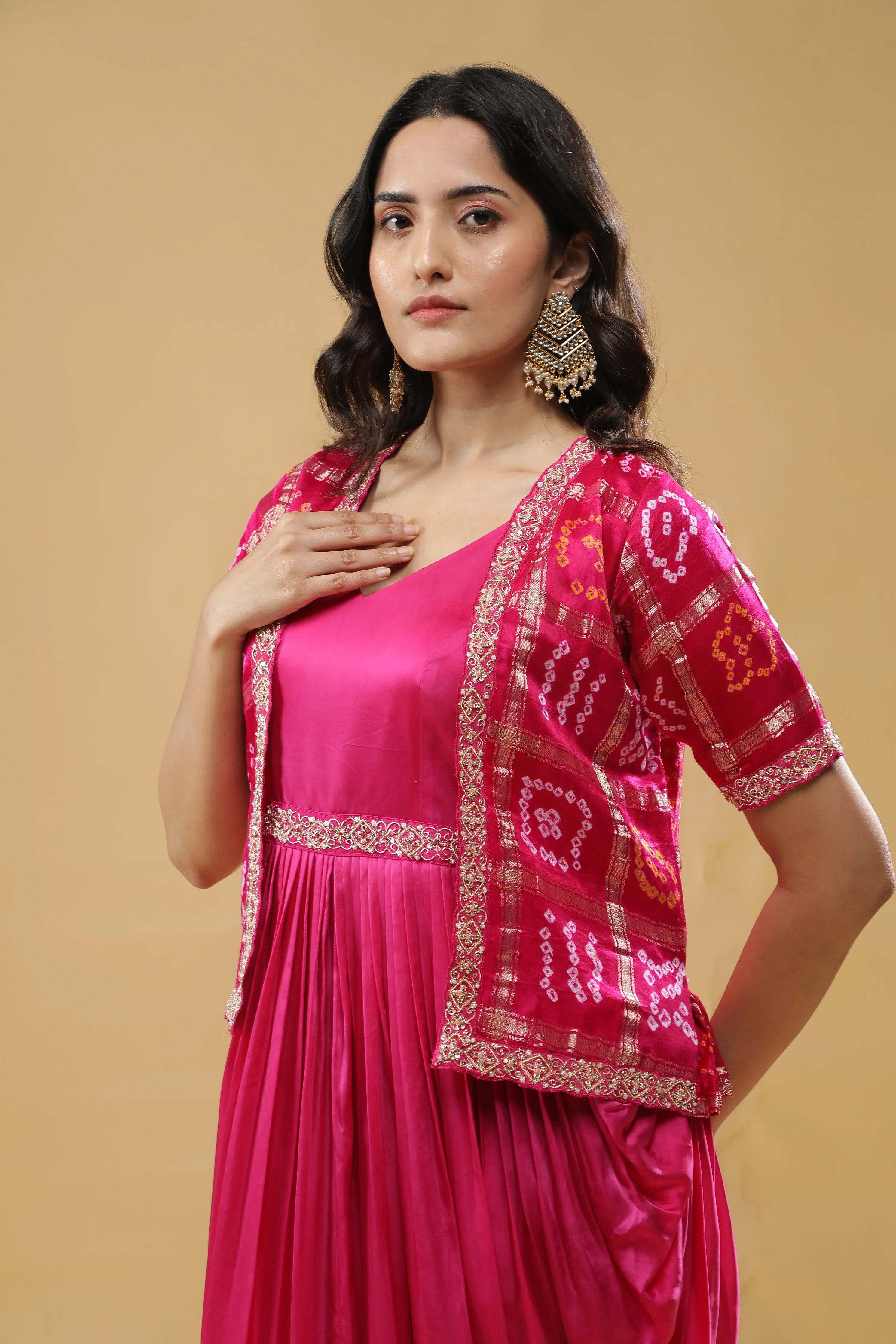 Pink Satin Silk Drape Gown with Bandhej Jacket - Mokshaa