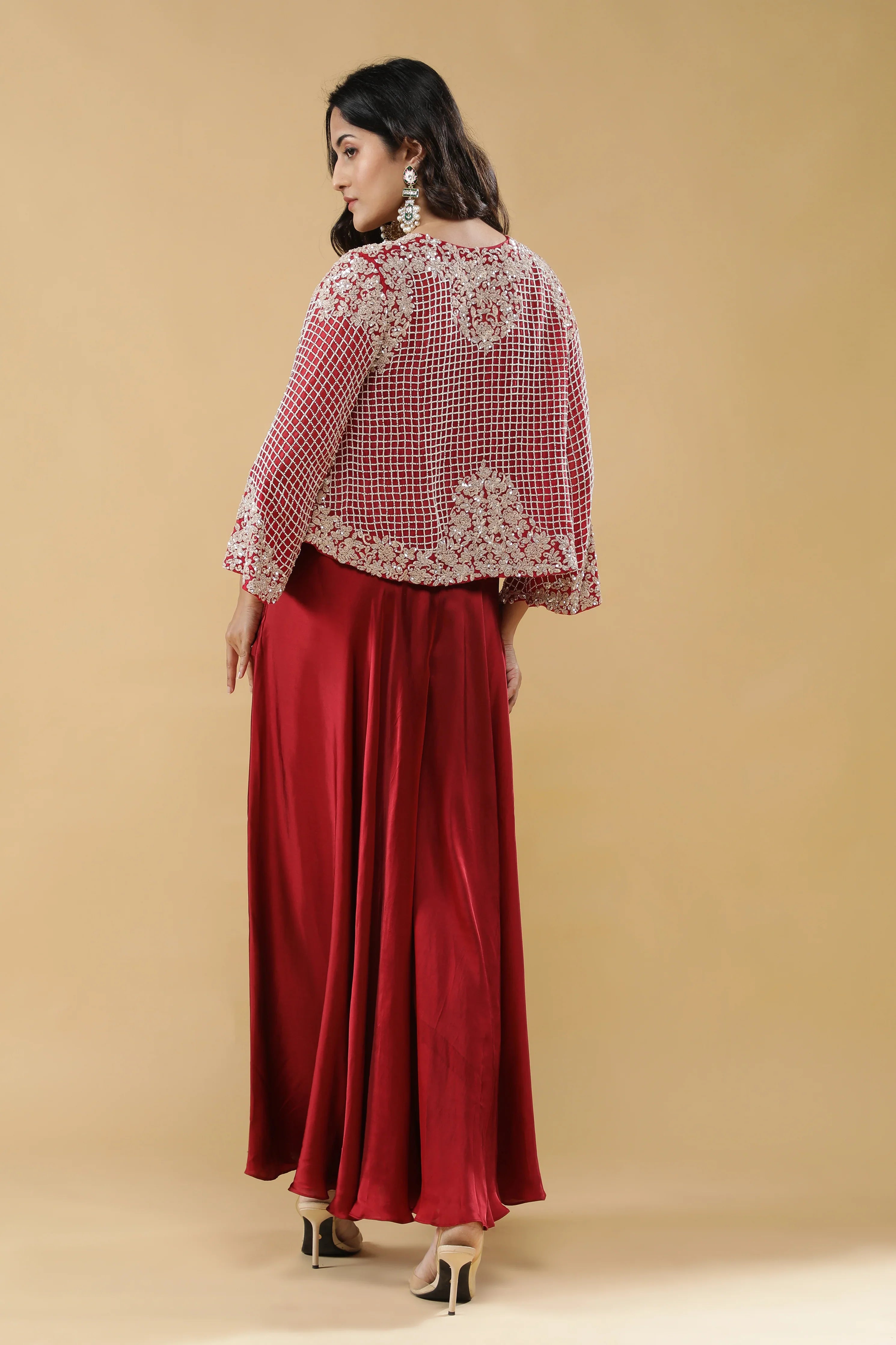 Red Satin Palazzo Set with Embroidered Cape - Mokshaa