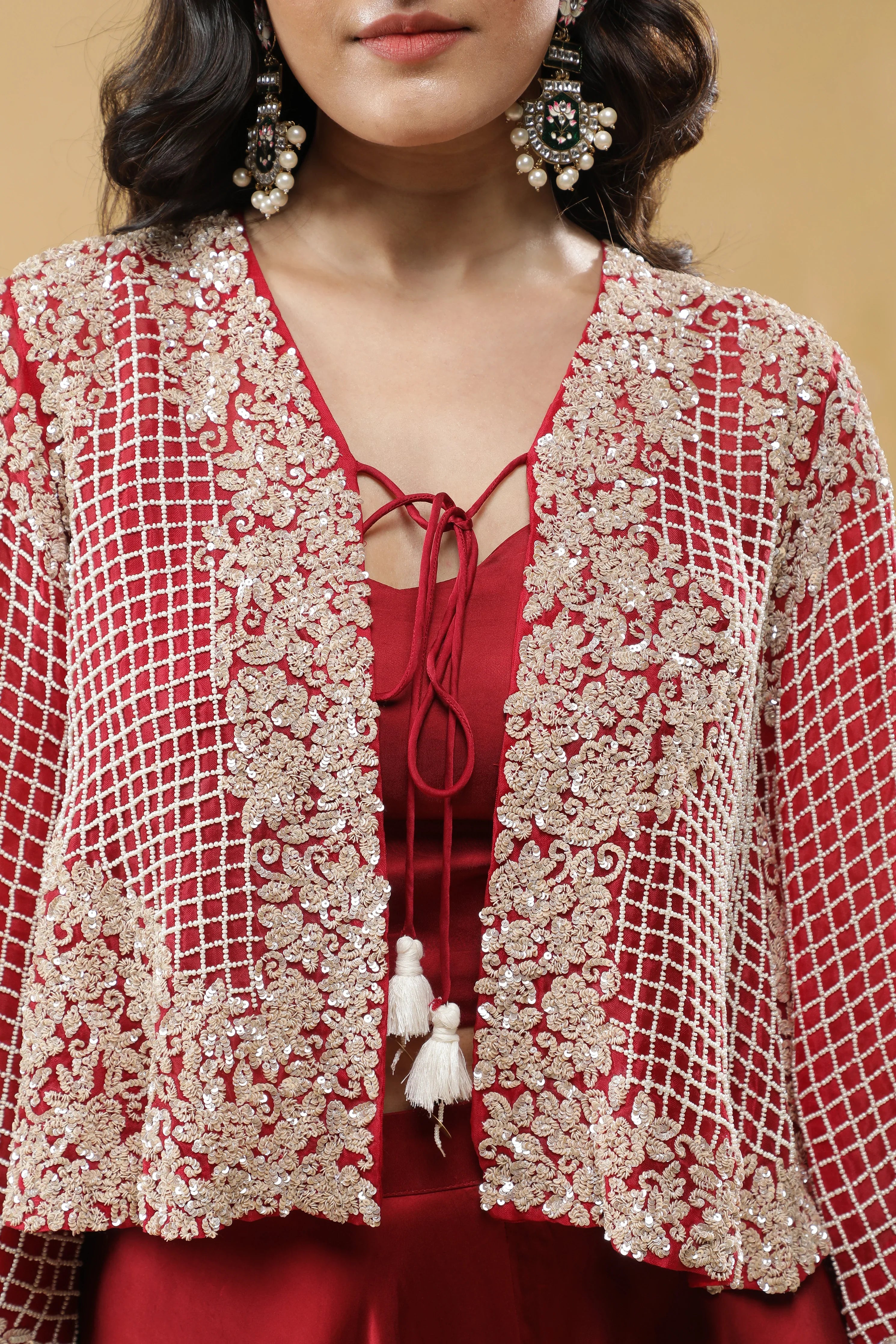 Red Satin Palazzo Set with Embroidered Cape - Mokshaa