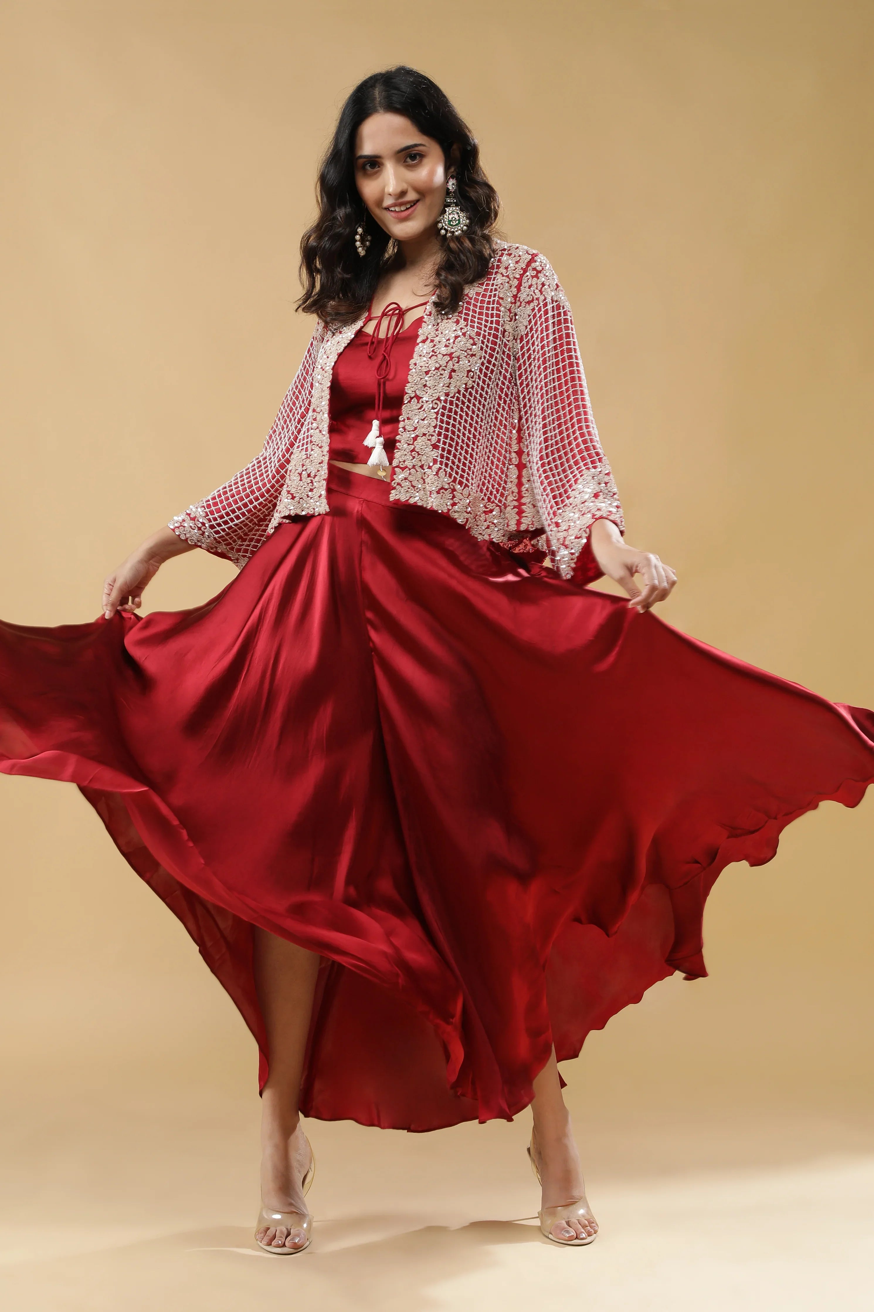 Red Satin Palazzo Set with Embroidered Cape - Mokshaa