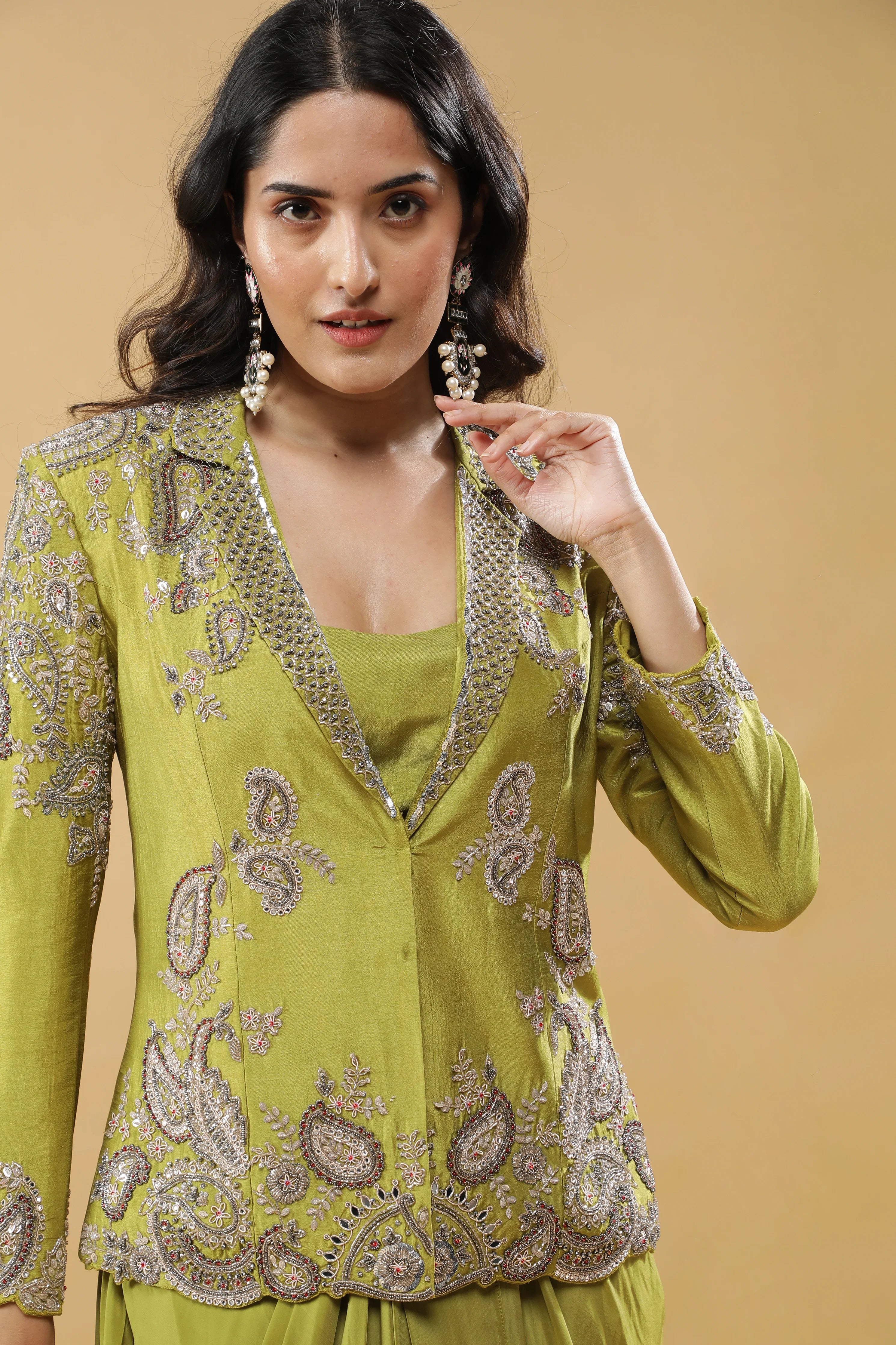 Lime Green Silk Indo-Western Blazer Set - Mokshaa