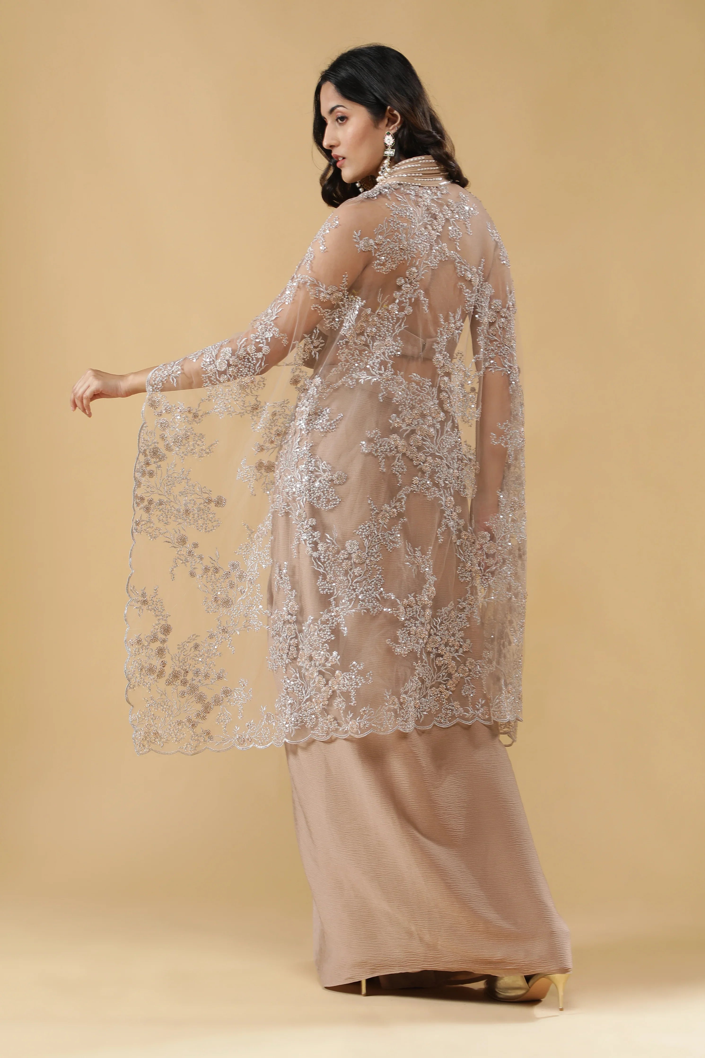 Champagne Gold Crushed Silk Skirt Set - Mokshaa