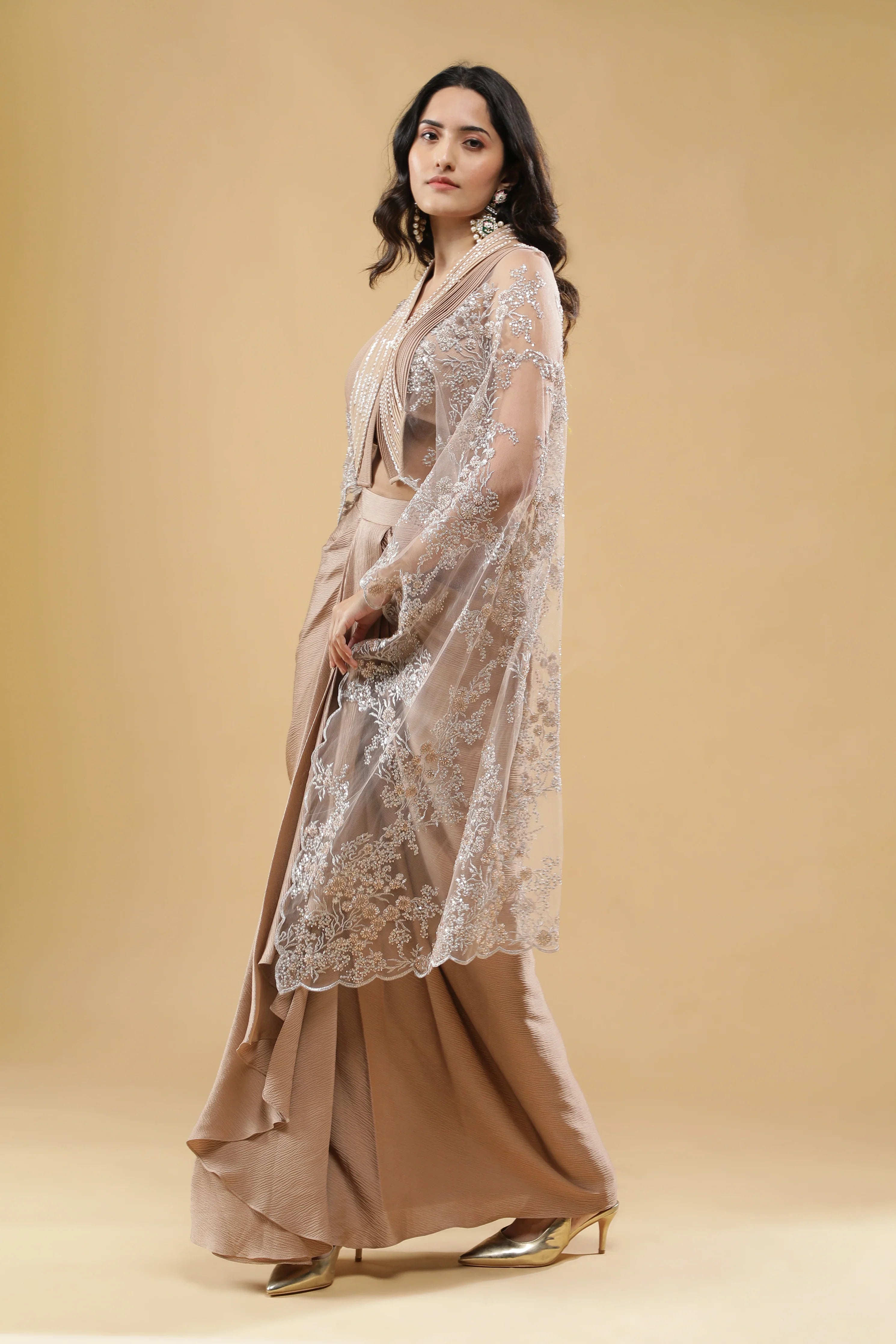 Champagne Gold Crushed Silk Skirt Set - Mokshaa