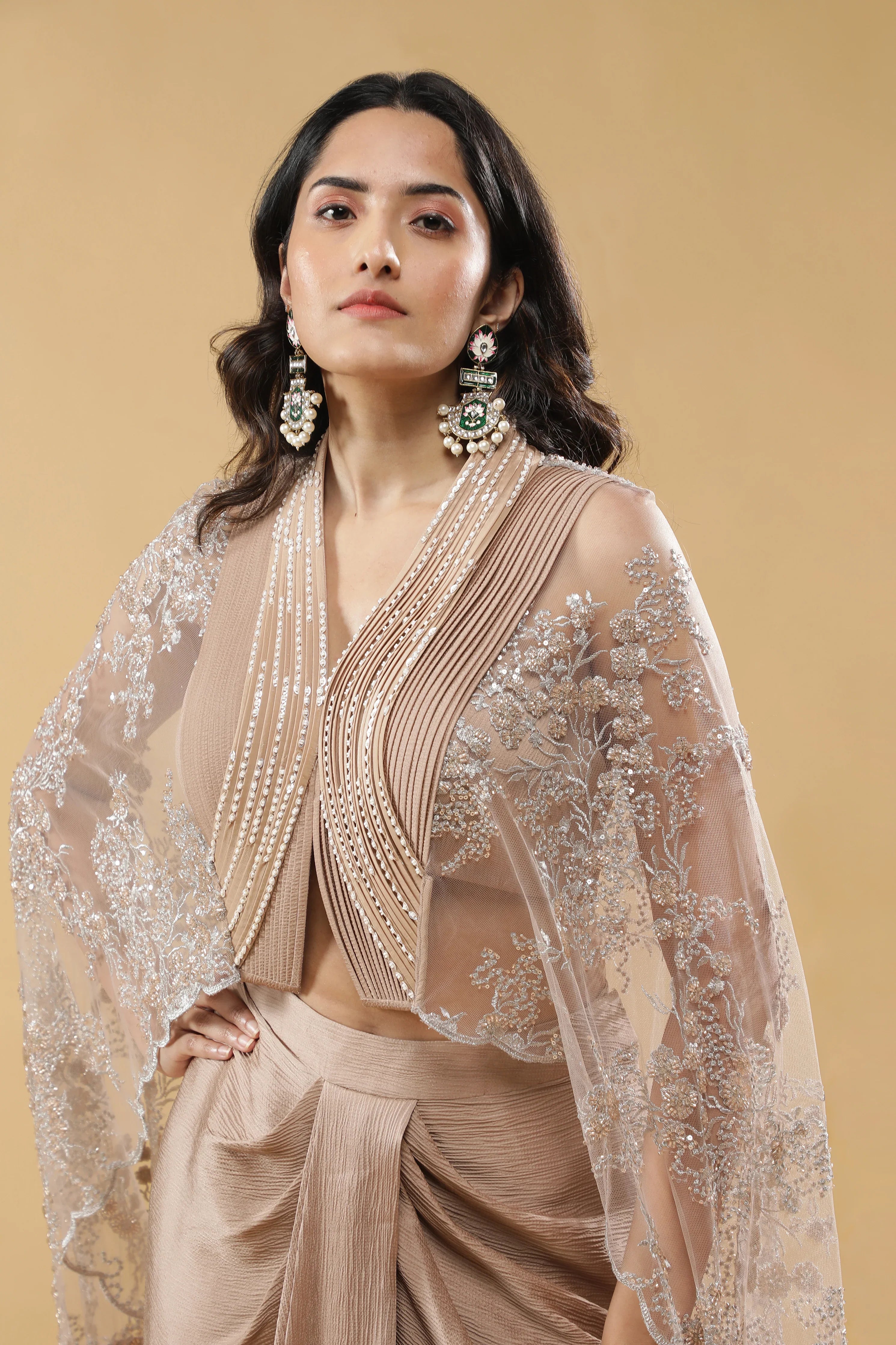 Champagne Gold Crushed Silk Skirt Set - Mokshaa