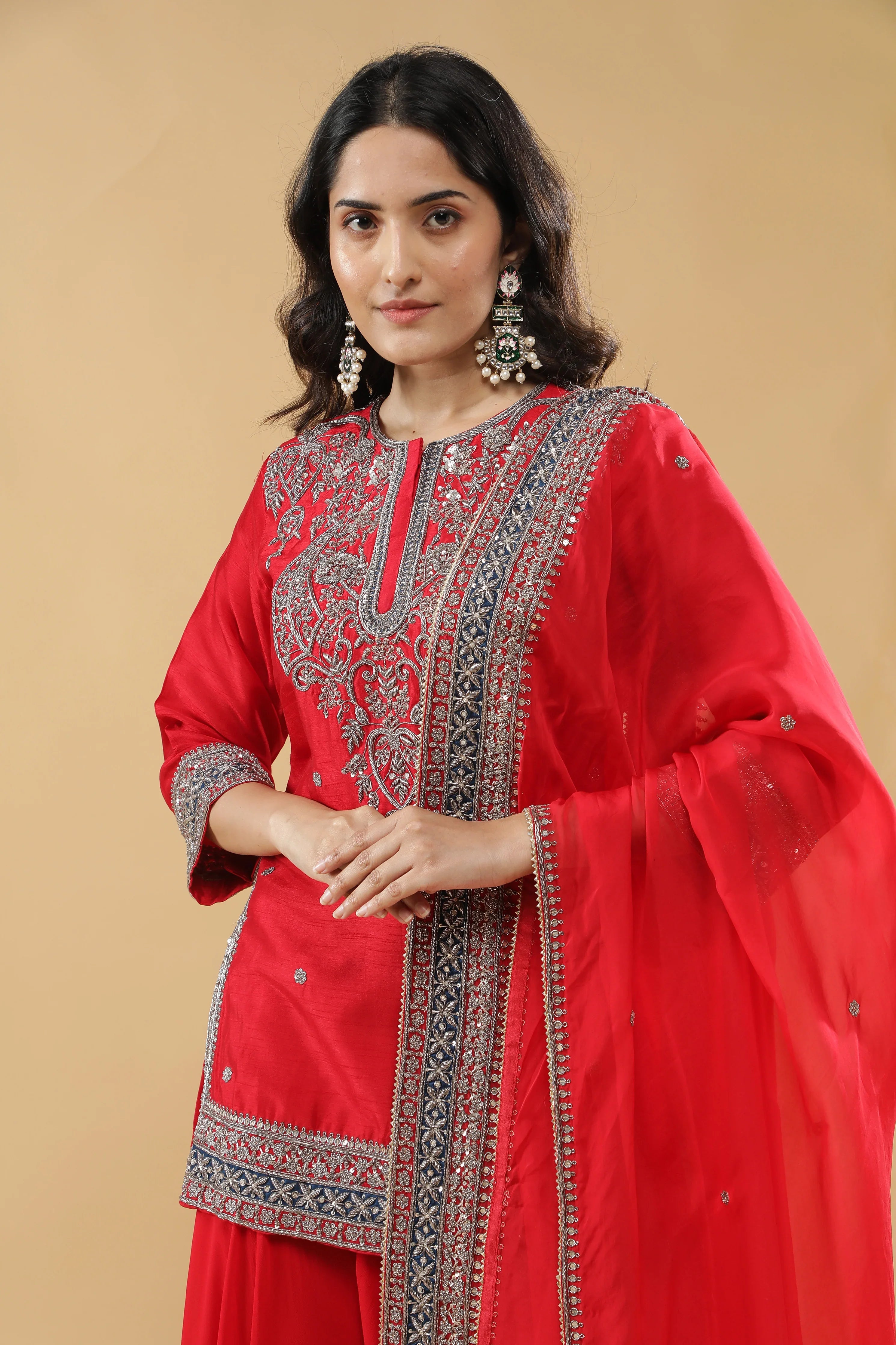 Red Raw Silk Sharara Set - Mokshaa