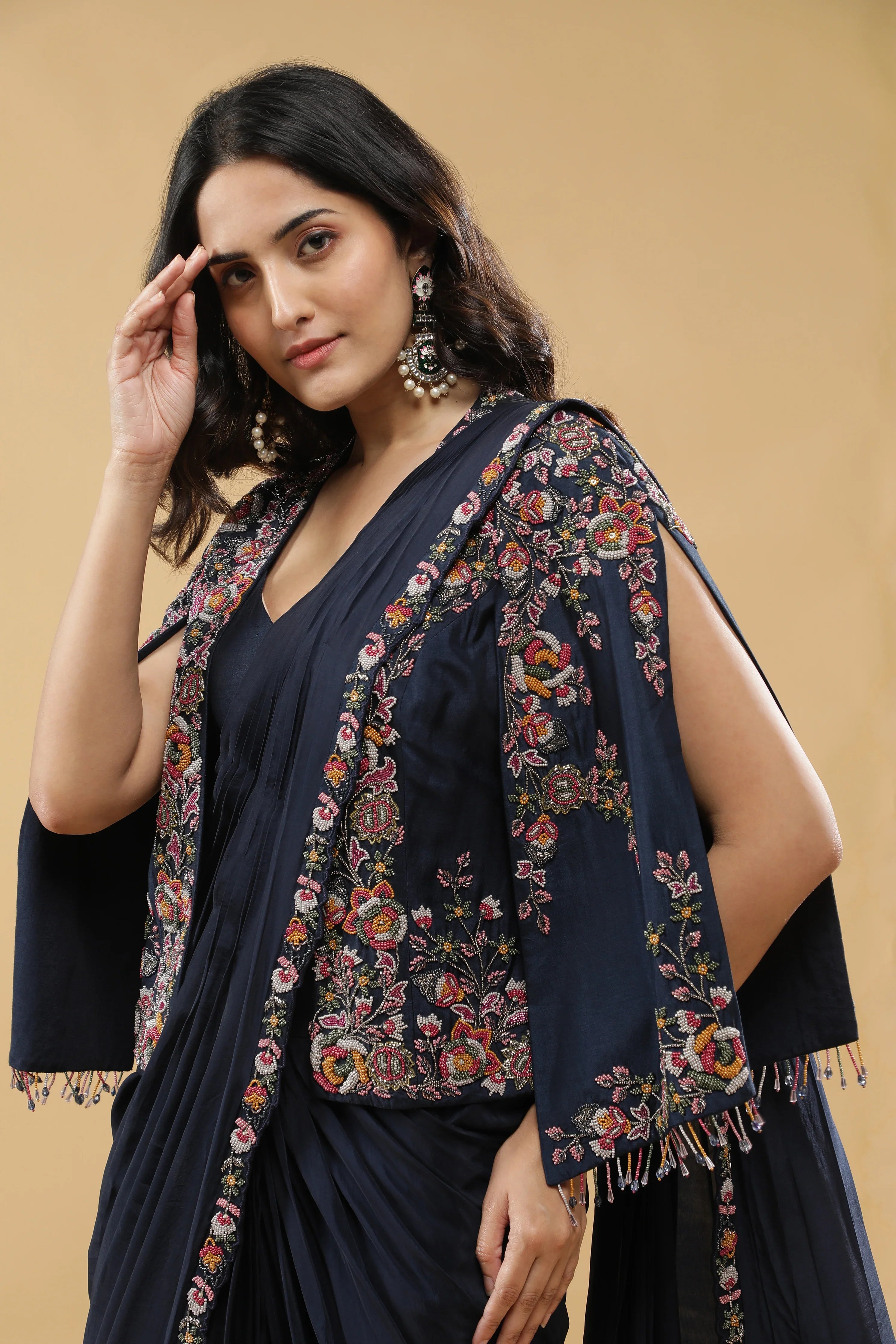 Navy Blue Lycra Drape Saree with Embroidered Silk Jacket - Mokshaa