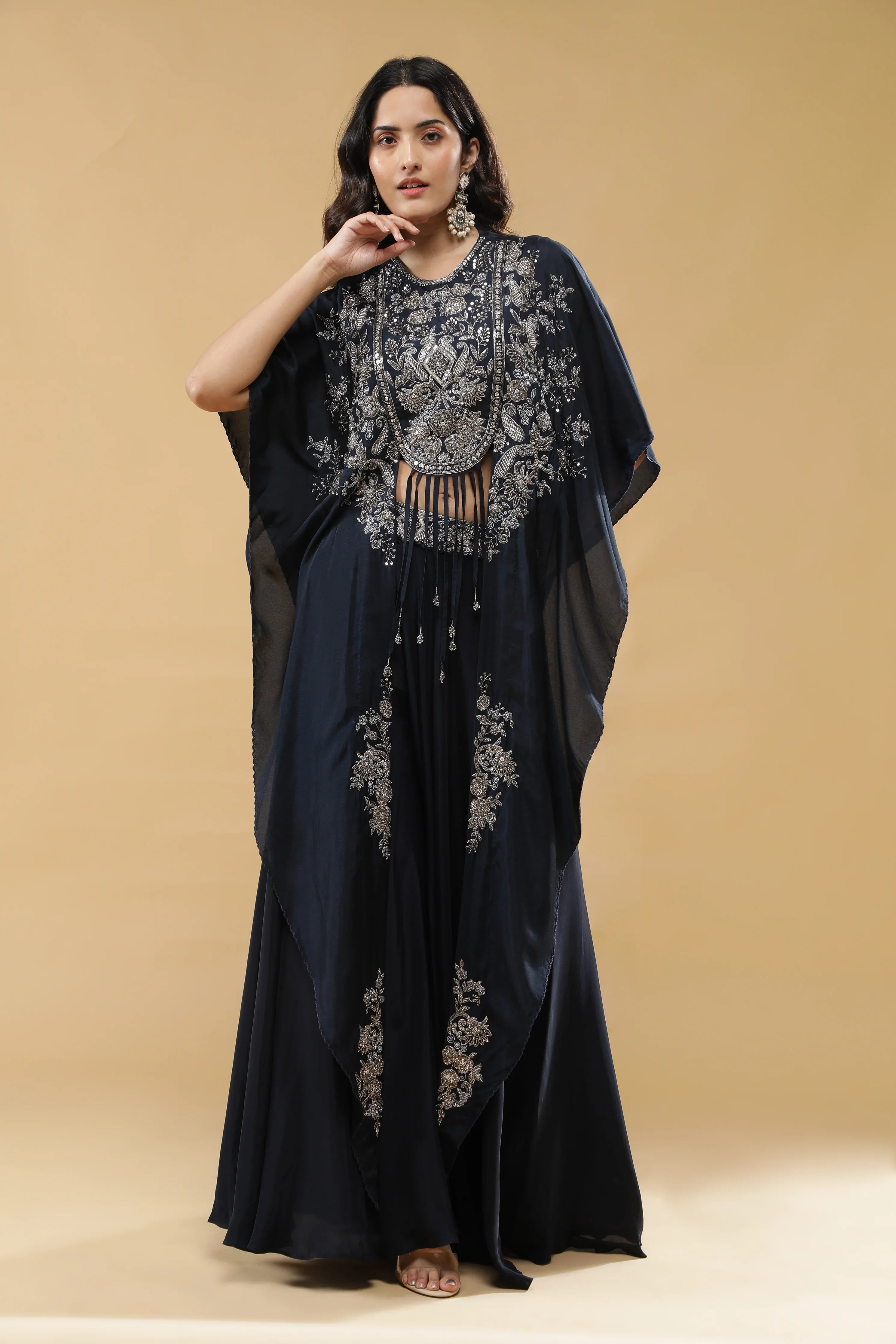 Navy Blue Crepe Silk Palazzo Set - Mokshaa