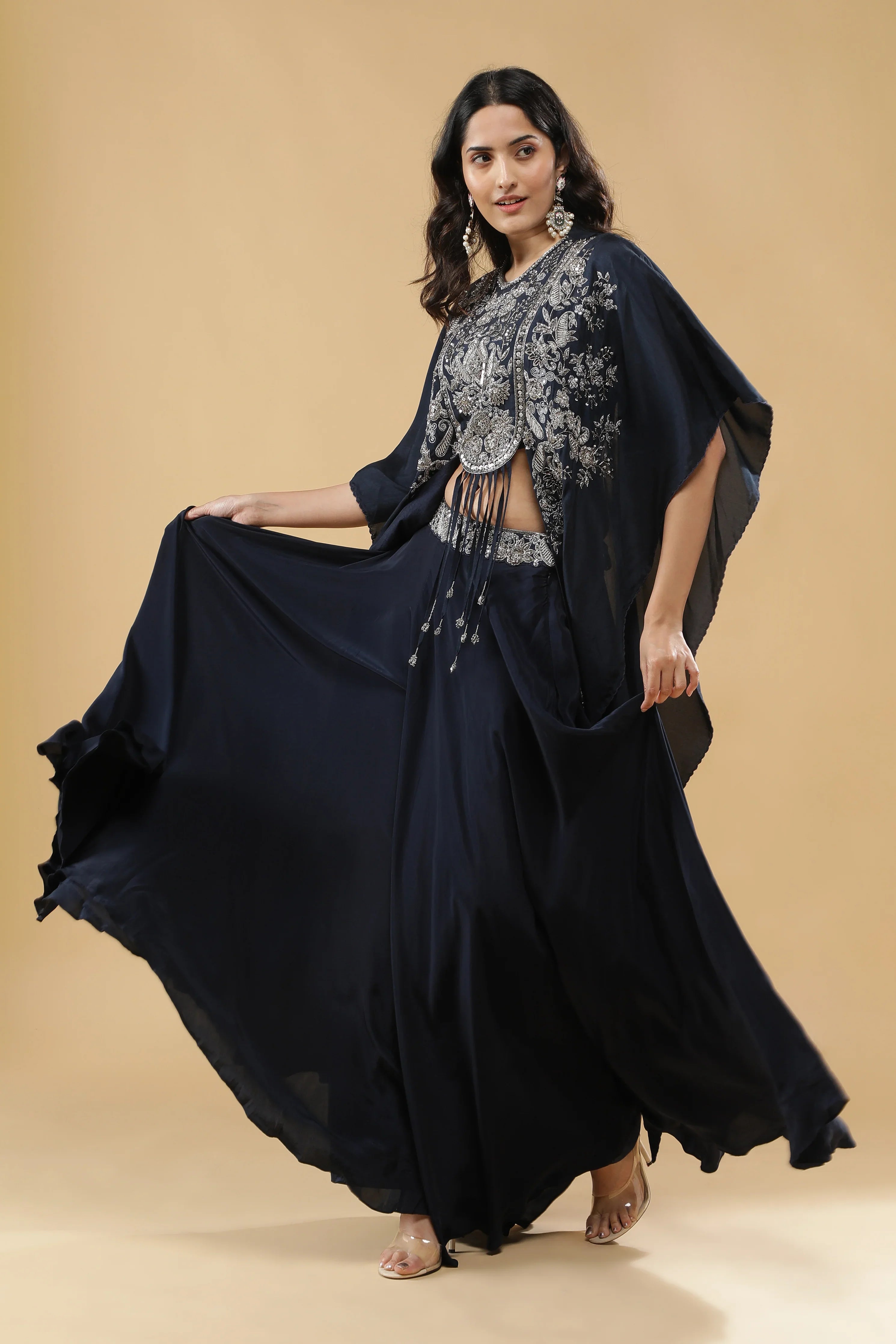 Navy Blue Crepe Silk Palazzo Set - Mokshaa