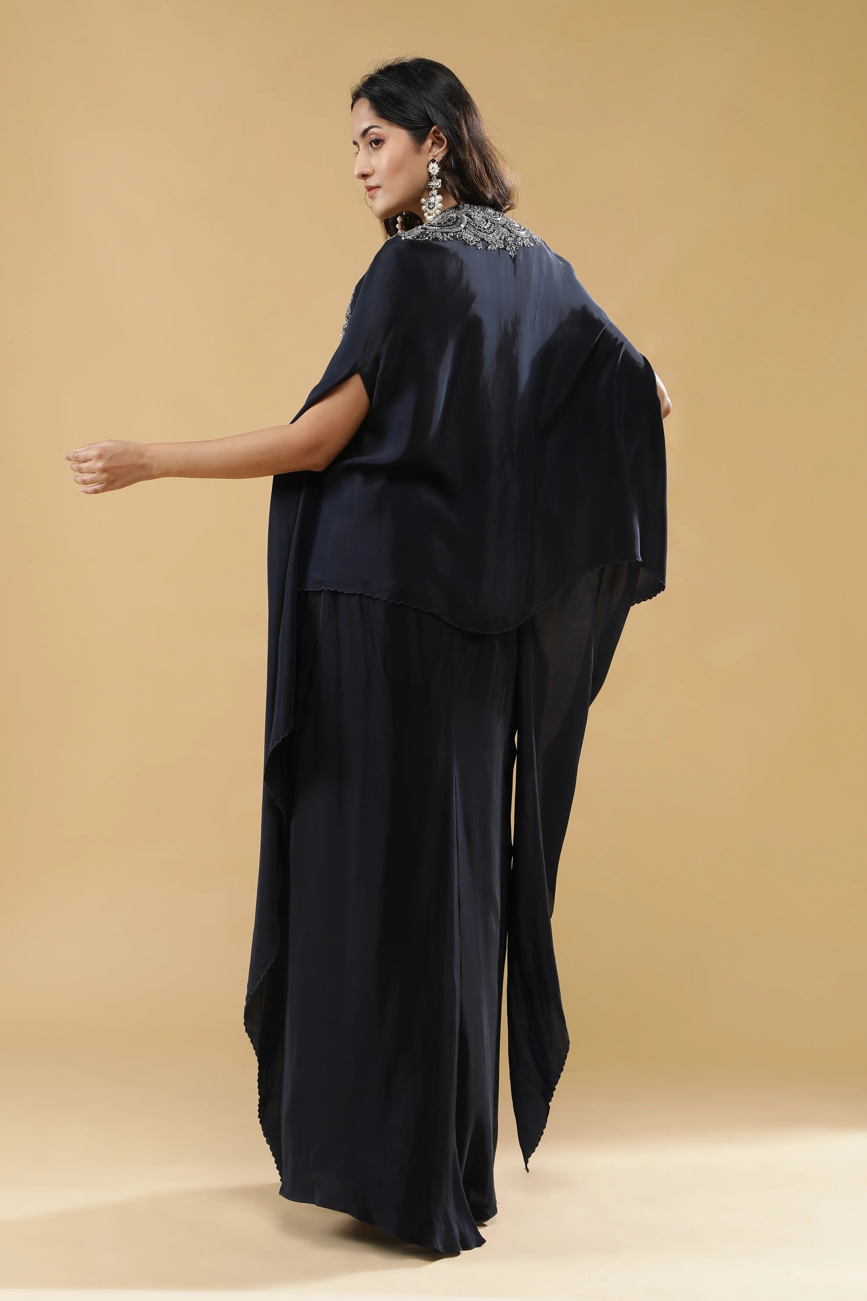 Navy Blue Crepe Silk Drape Skirt Set - Mokshaa