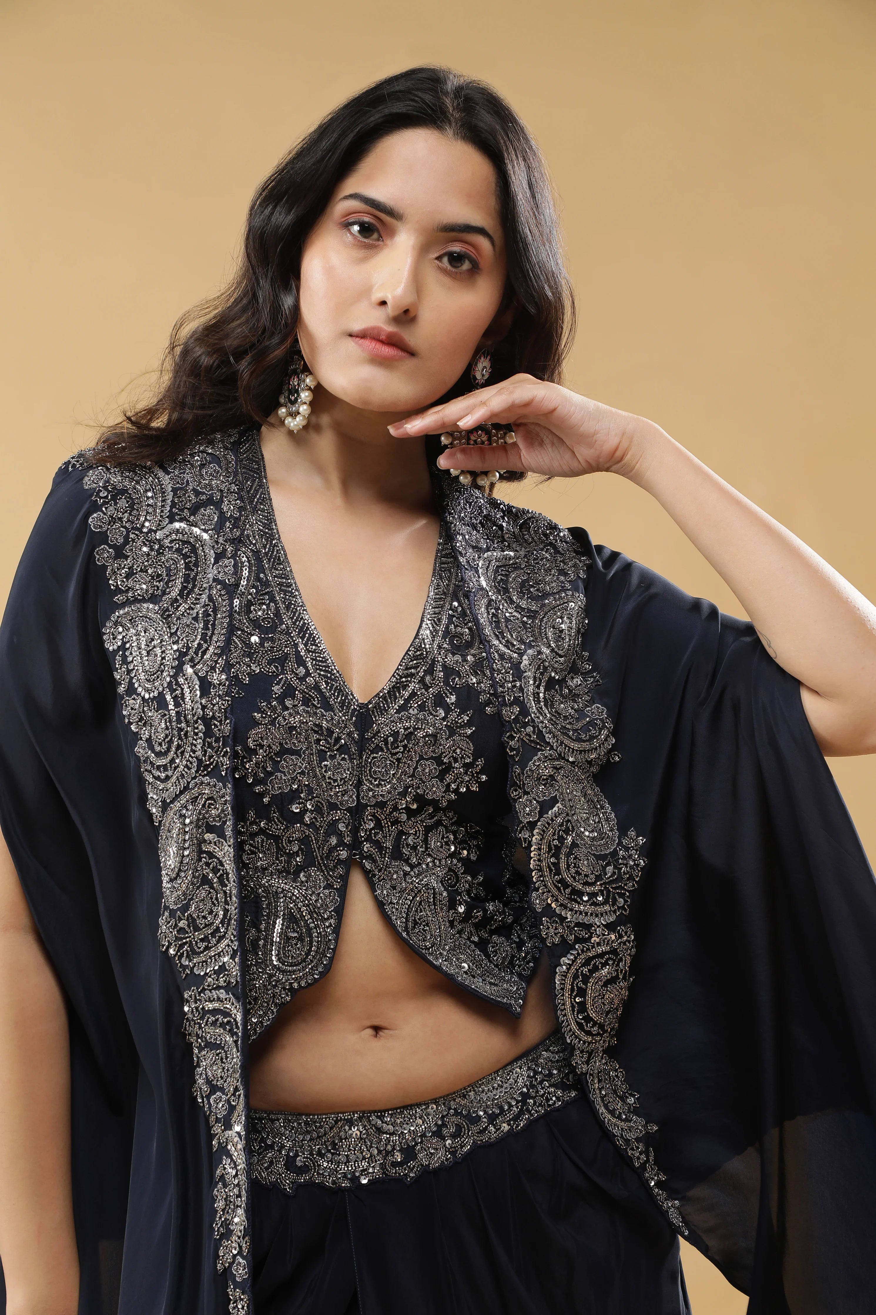 Navy Blue Crepe Silk Drape Skirt Set - Mokshaa