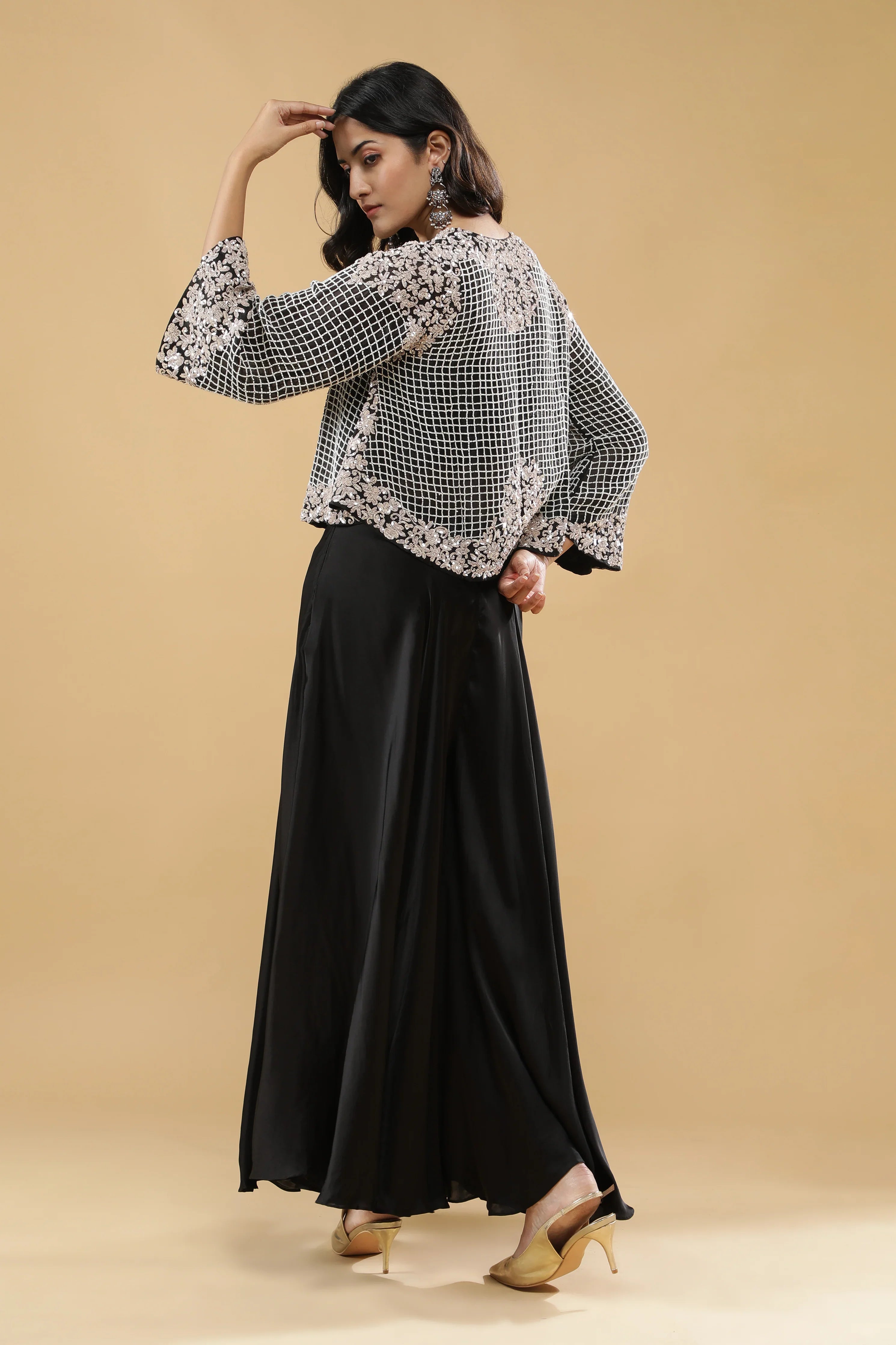 Black Satin Silk Palazzo Set - Mokshaa