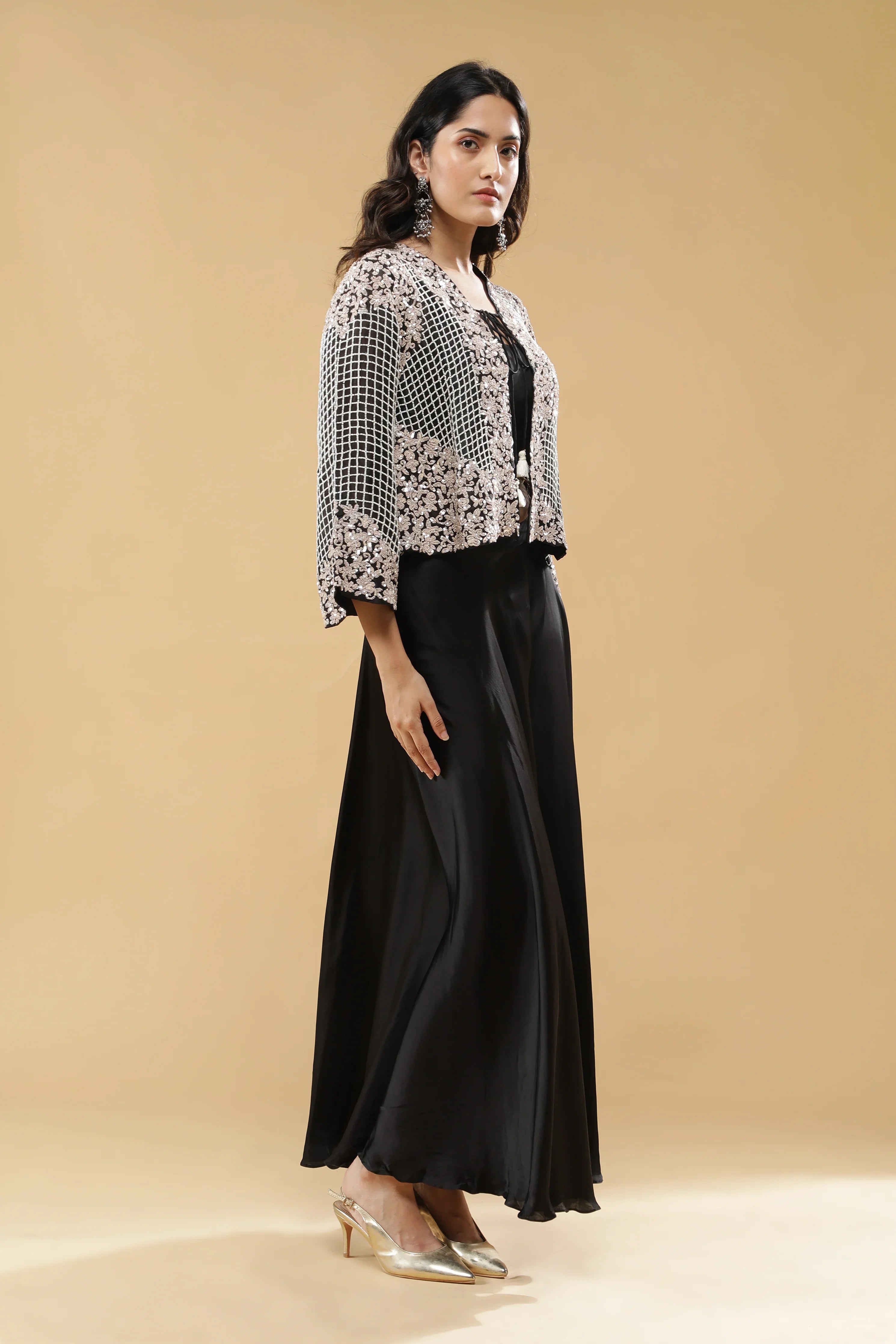 Black Satin Silk Palazzo Set - Mokshaa