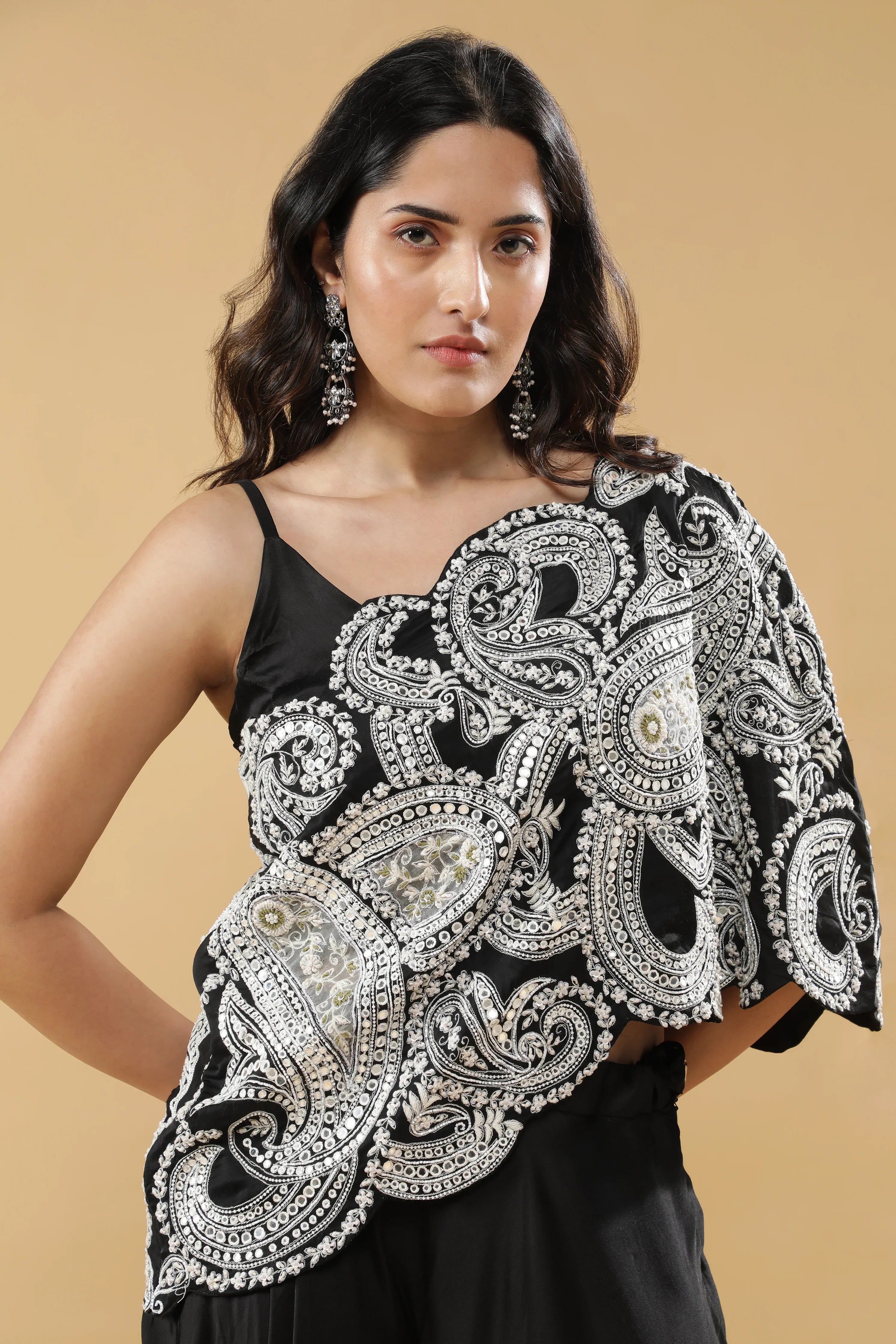 Black Satin Silk Indo-Western Set - Mokshaa