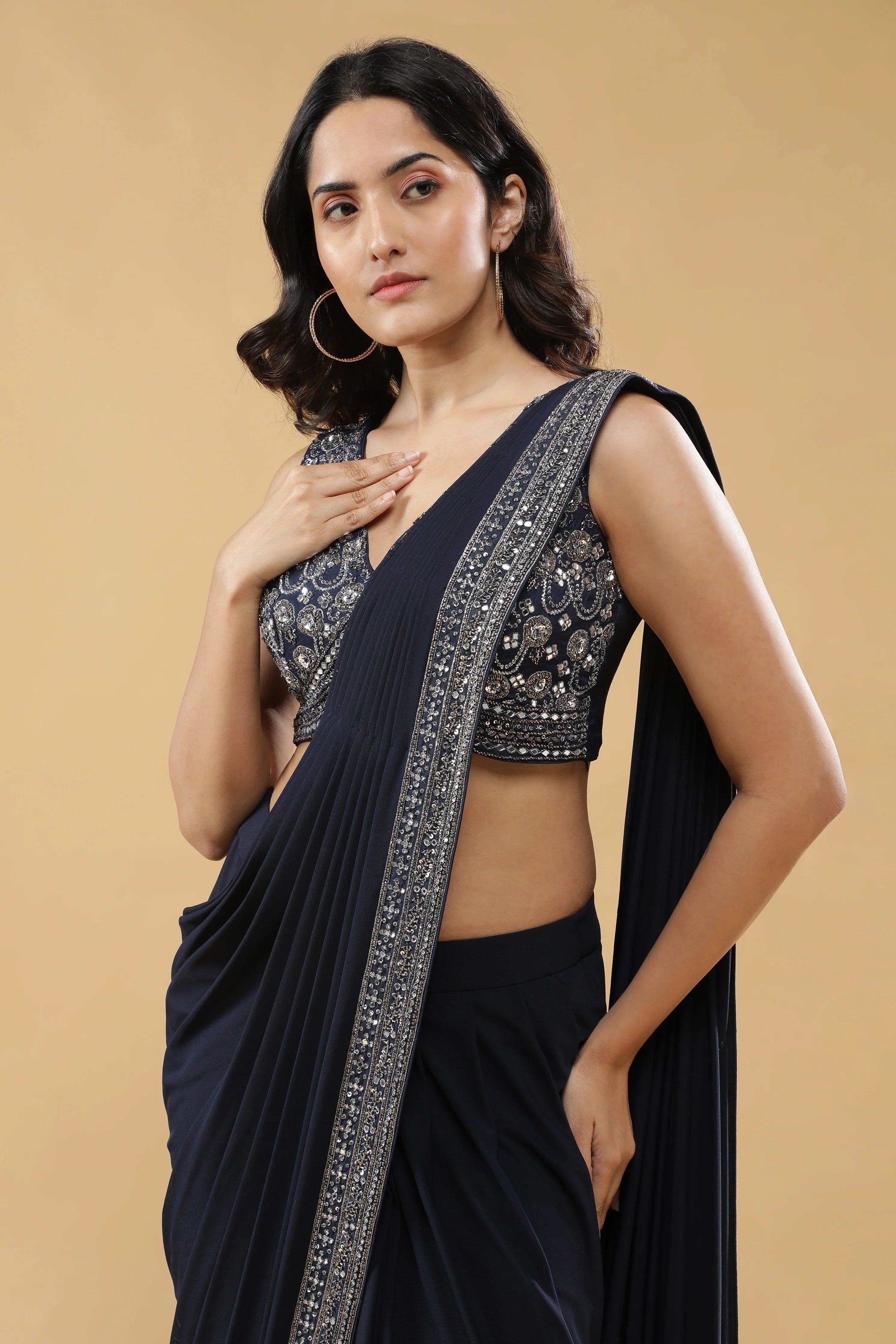 Navy Blue Drape Saree with Embroidered Silk Blouse - Mokshaa