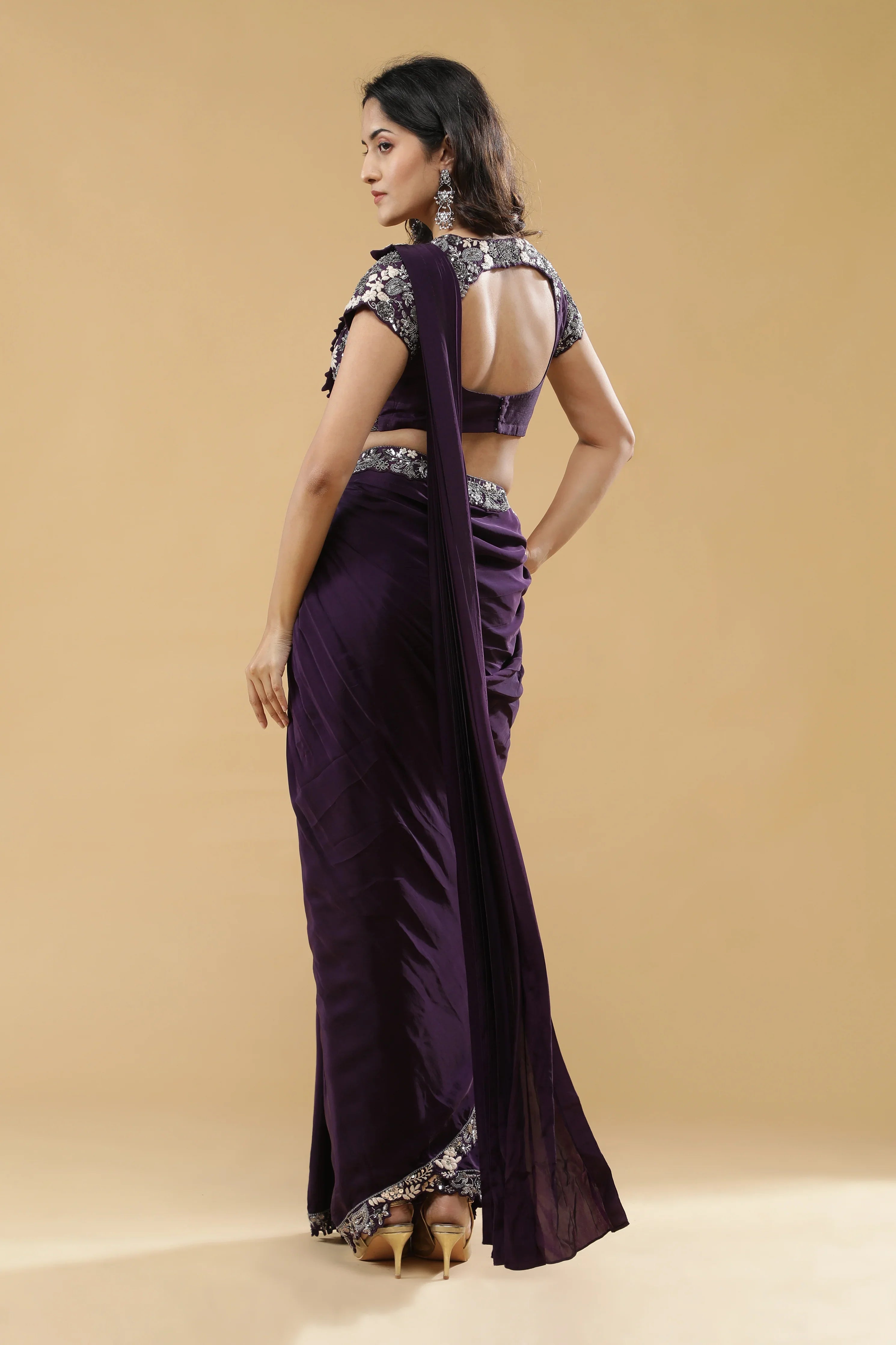 Purple Crepe Silk Drape Saree - Mokshaa