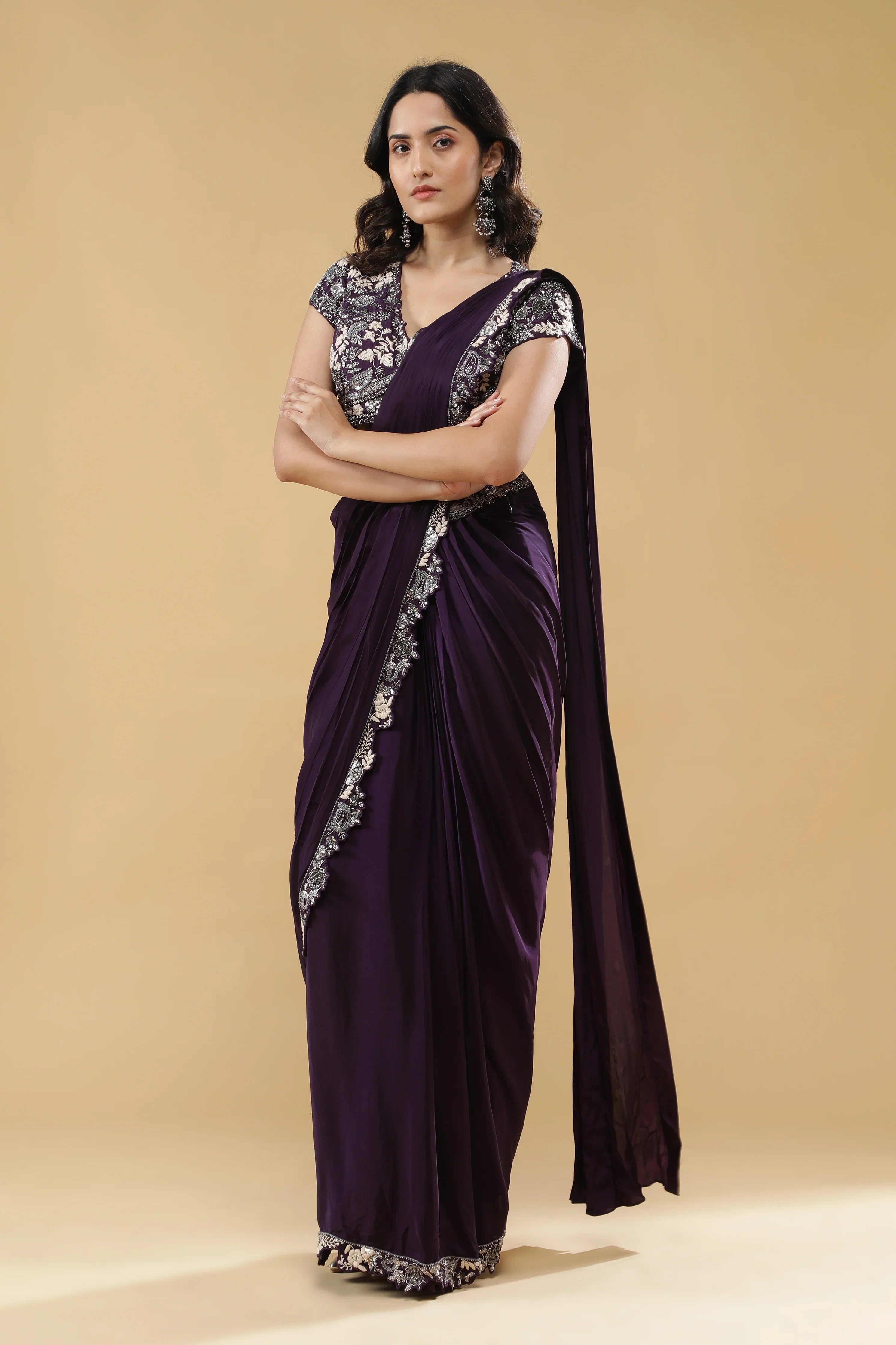 Purple Crepe Silk Drape Saree - Mokshaa