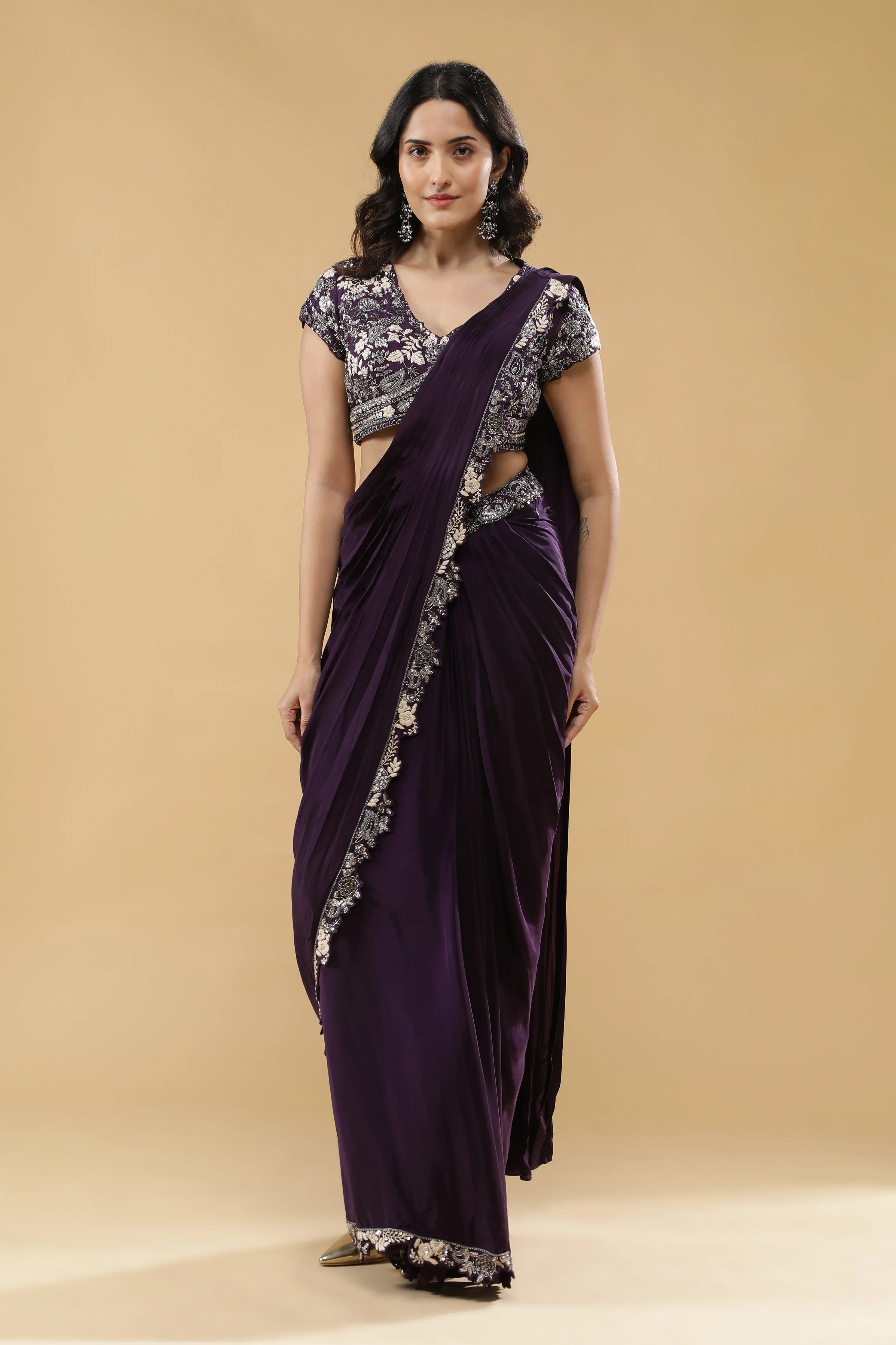 Purple Crepe Silk Drape Saree - Mokshaa