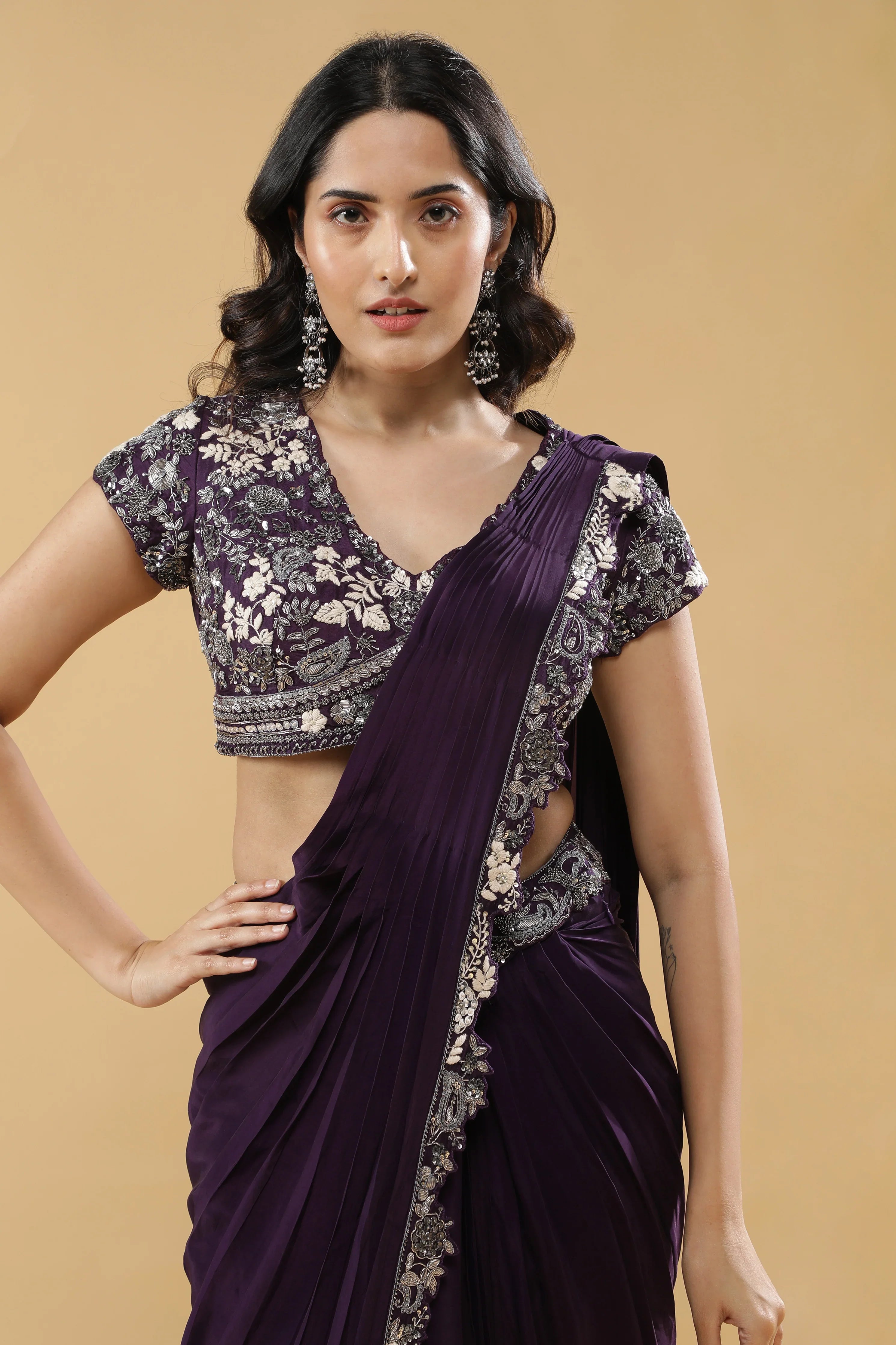 Purple Crepe Silk Drape Saree - Mokshaa