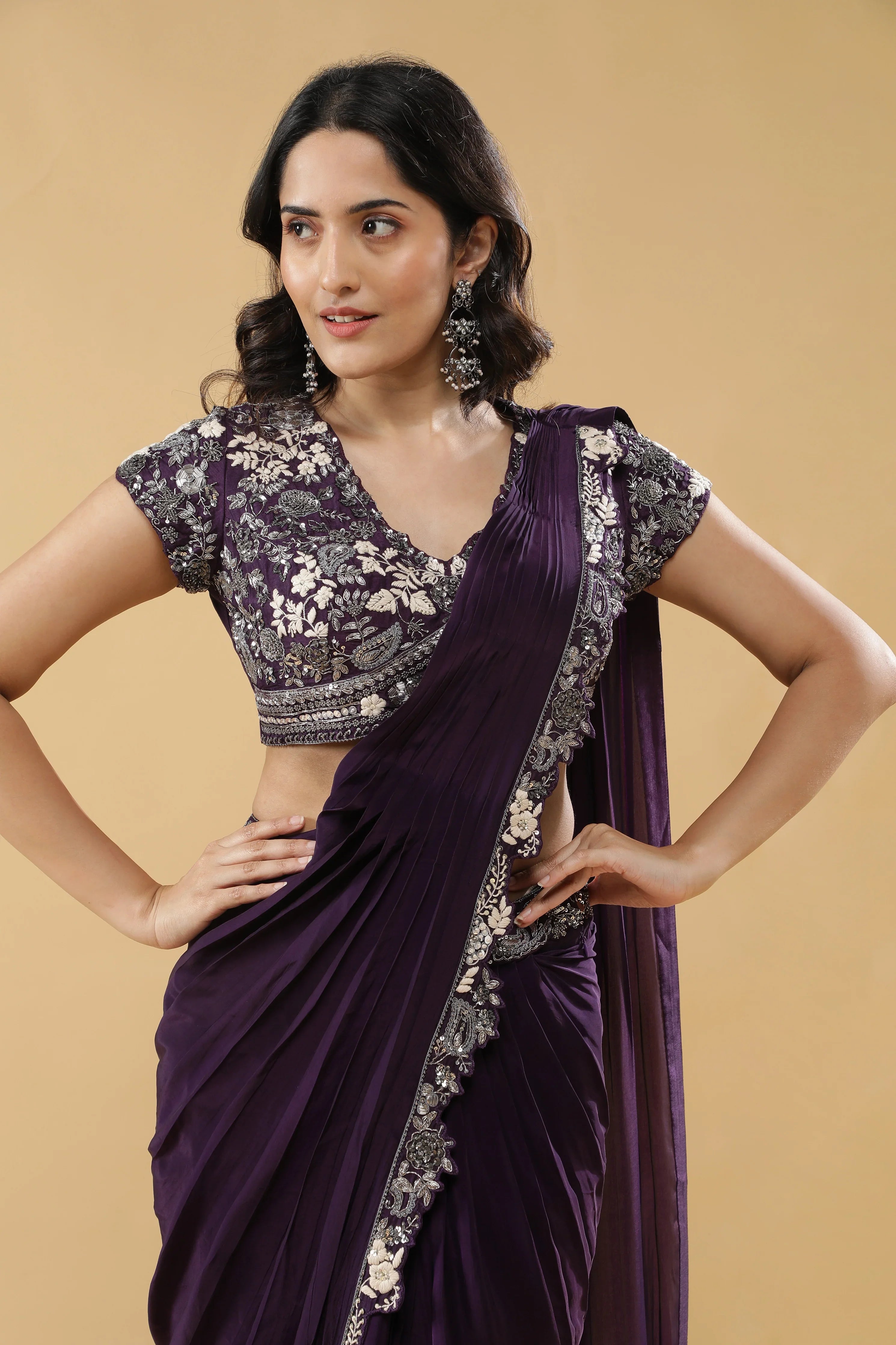 Purple Crepe Silk Drape Saree - Mokshaa