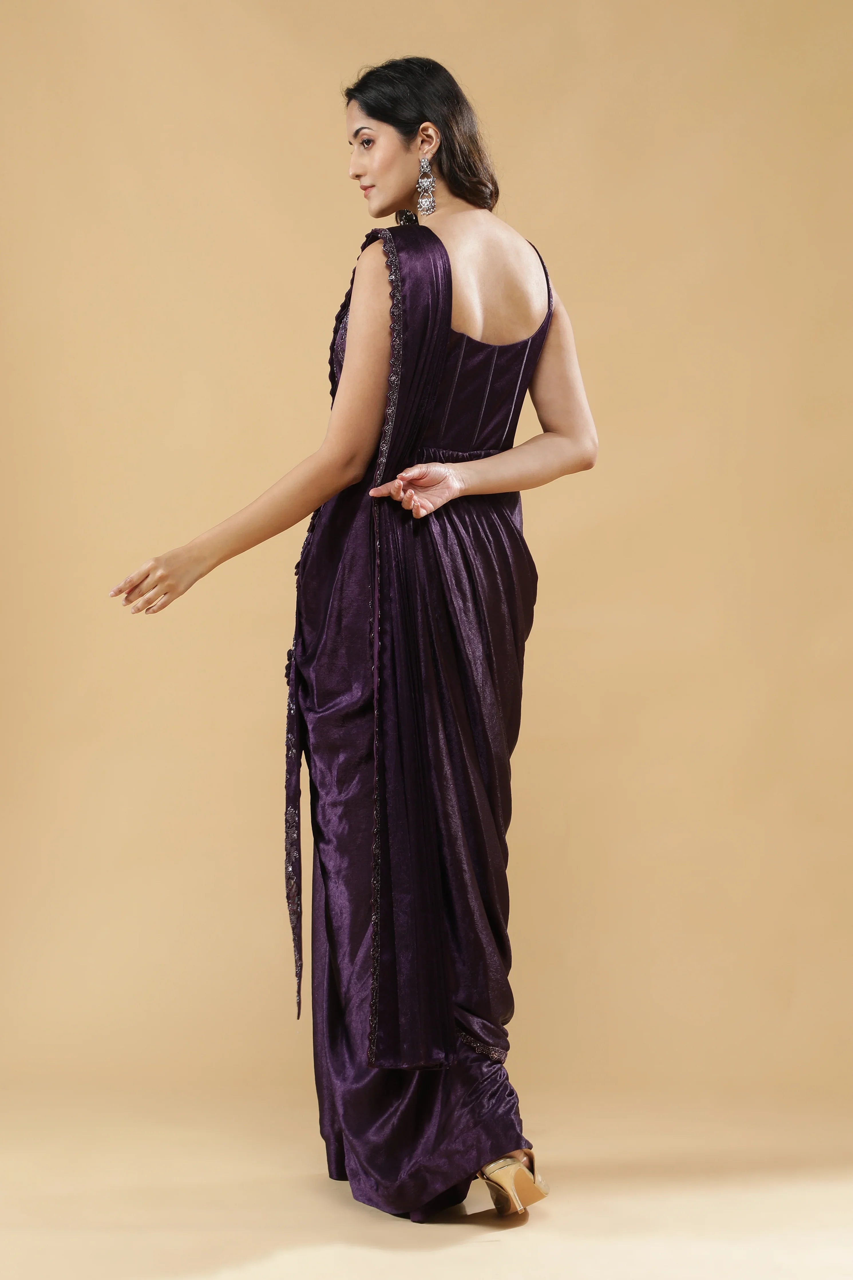 Deep Purple Silk Corset Gown with Embroidered Drape - Mokshaa