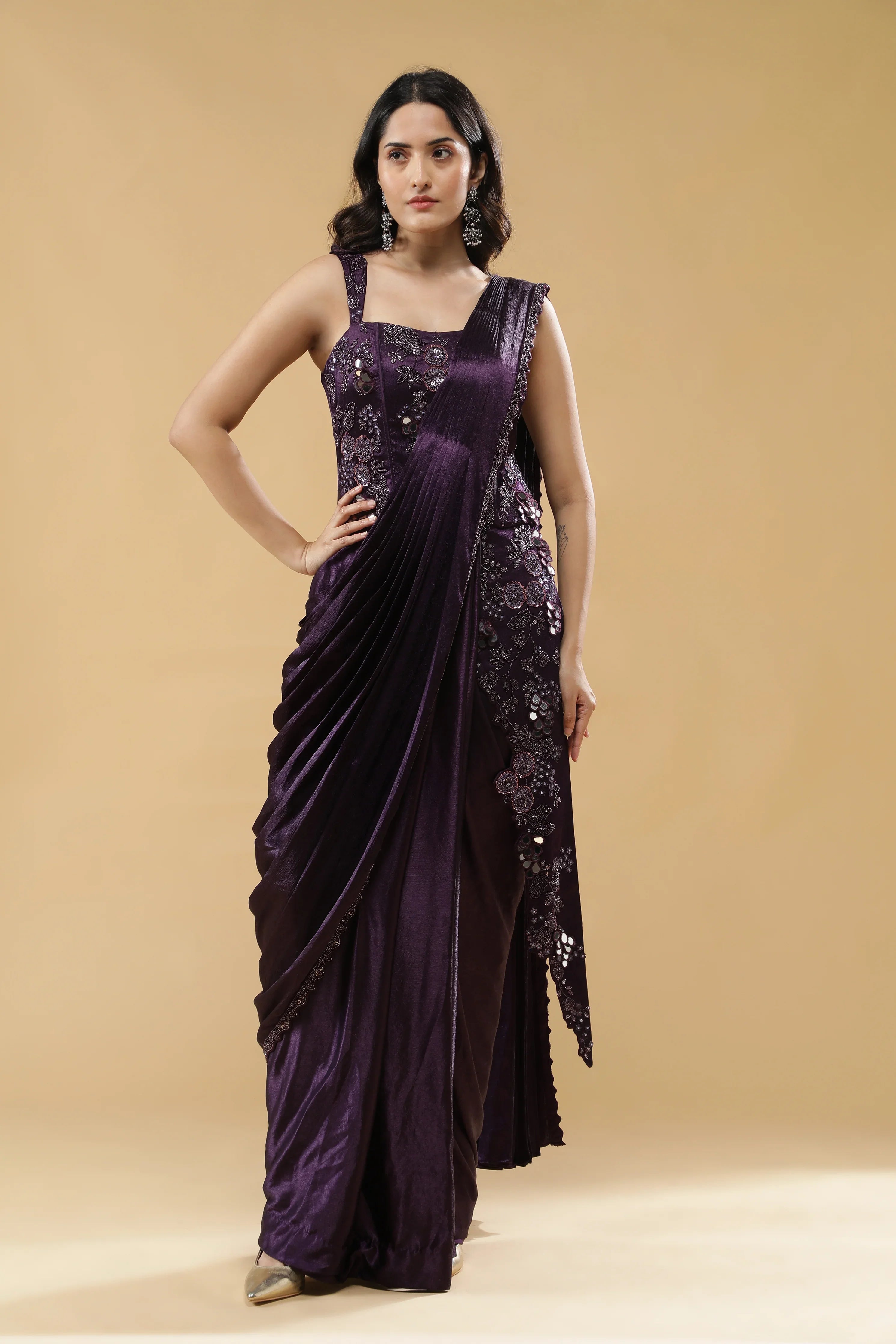 Deep Purple Silk Corset Gown with Embroidered Drape - Mokshaa