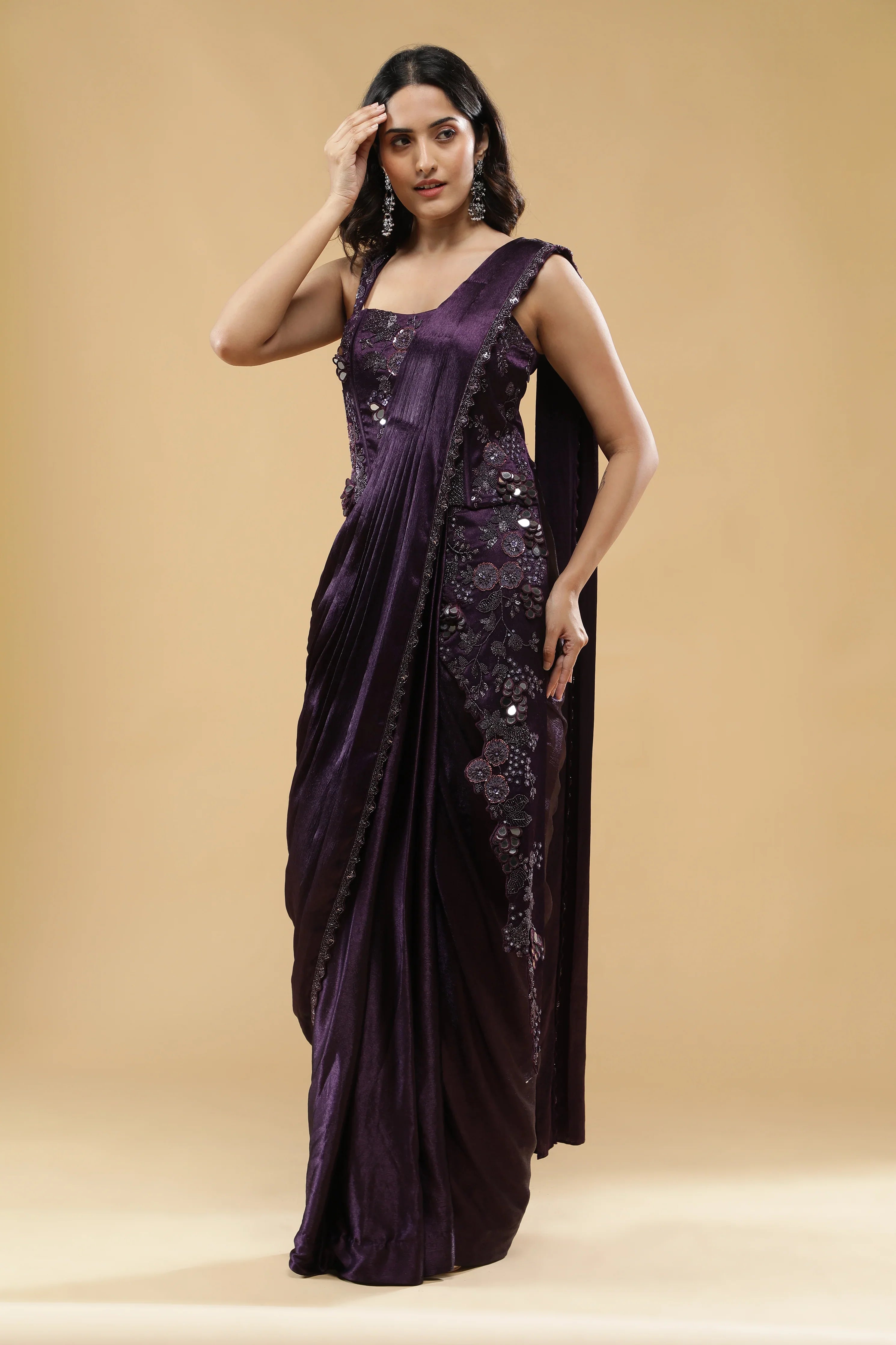 Deep Purple Silk Corset Gown with Embroidered Drape - Mokshaa