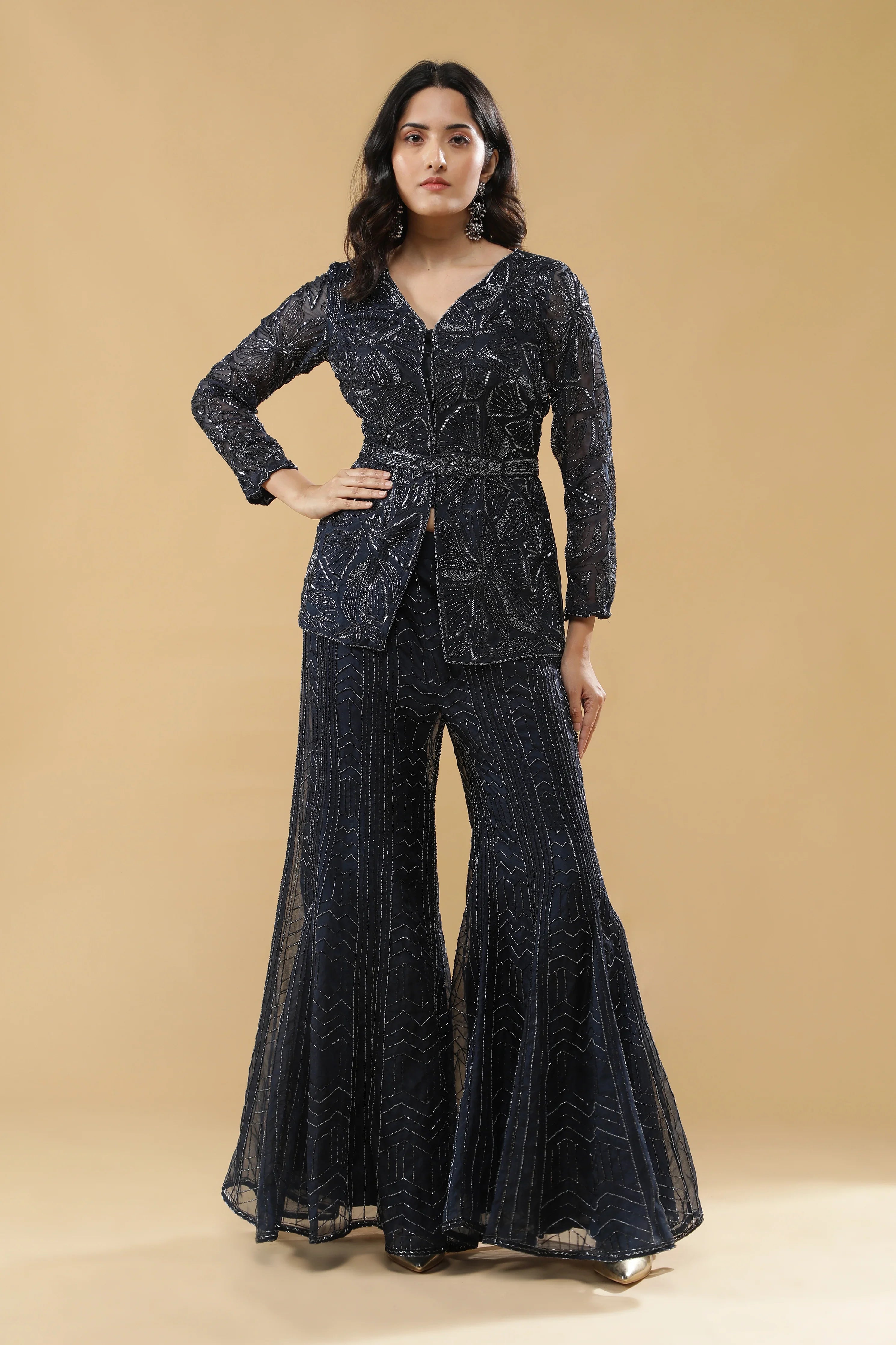 Navy Blue Organza Embroidered Top & Pants Set with Belt - Mokshaa