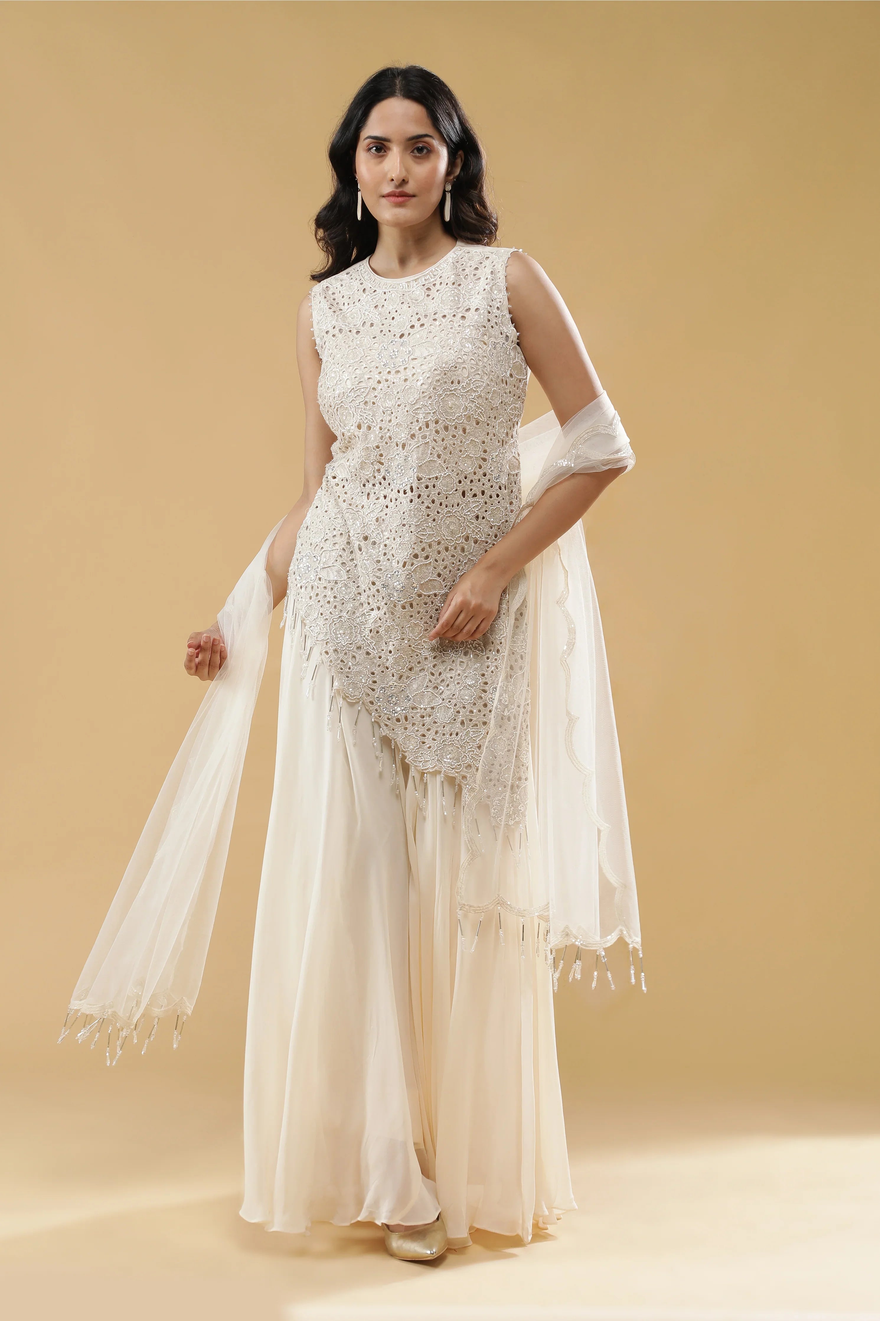 Cream Georgette Palazzo Set - Mokshaa