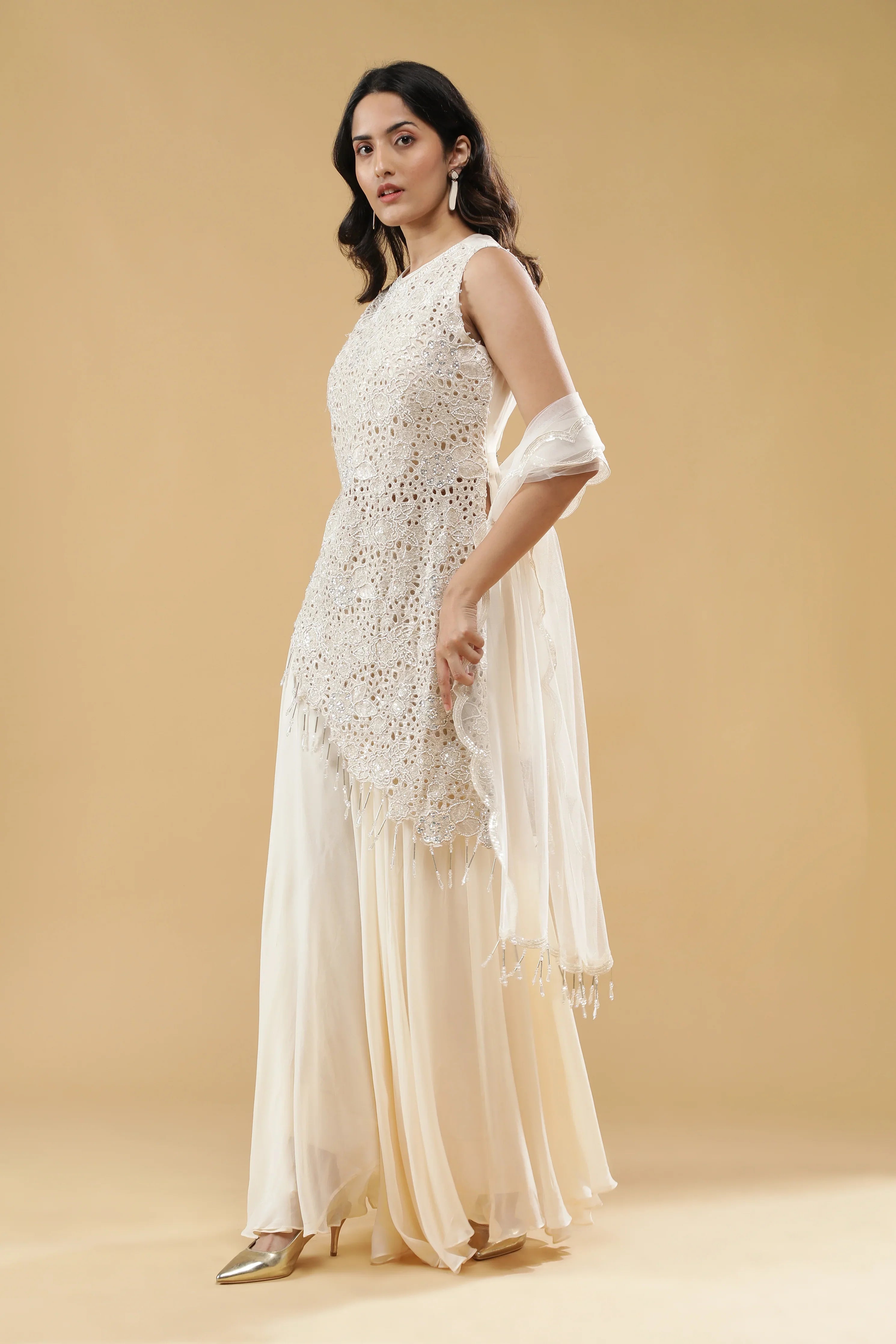 Cream Georgette Palazzo Set - Mokshaa