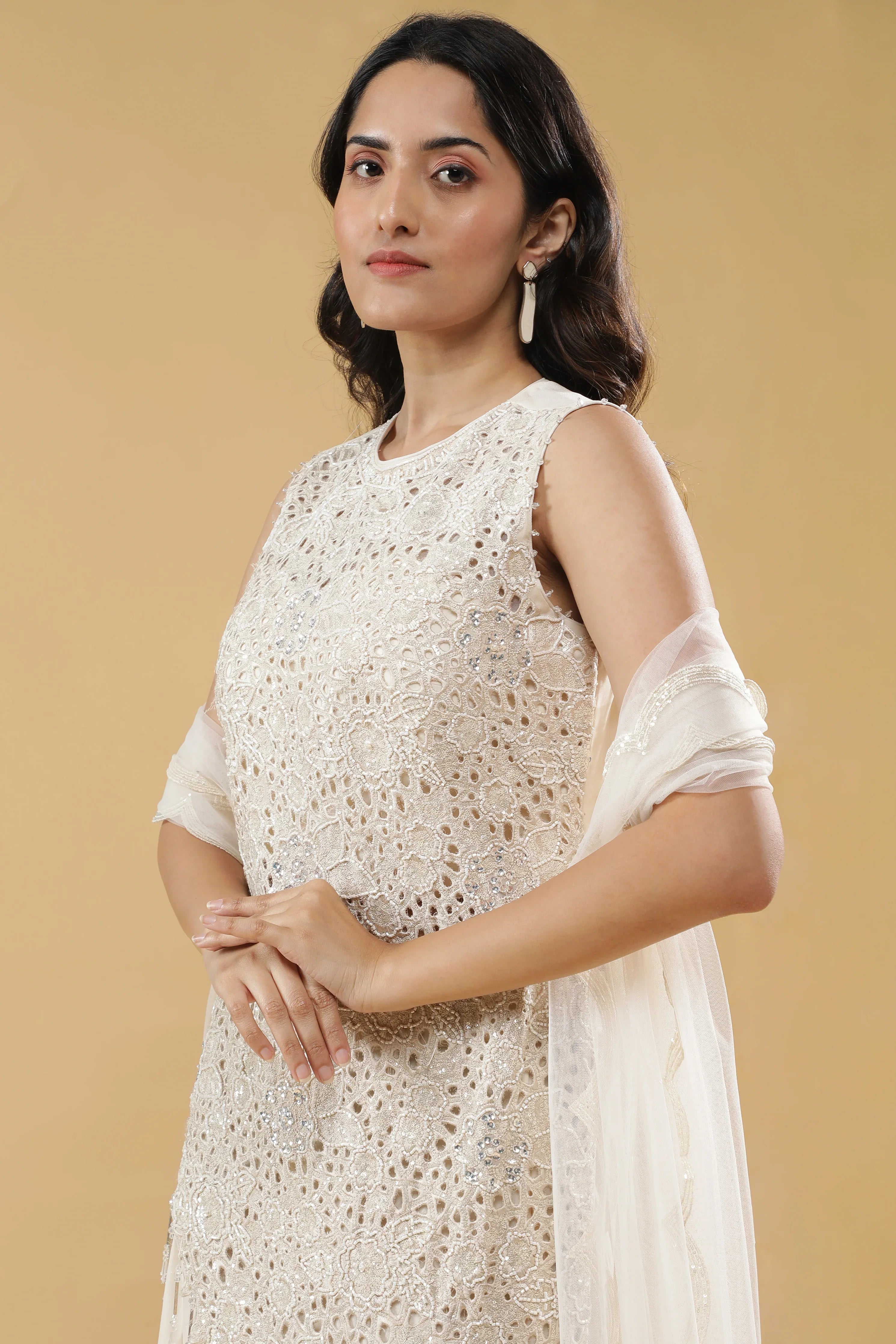 Cream Georgette Palazzo Set - Mokshaa