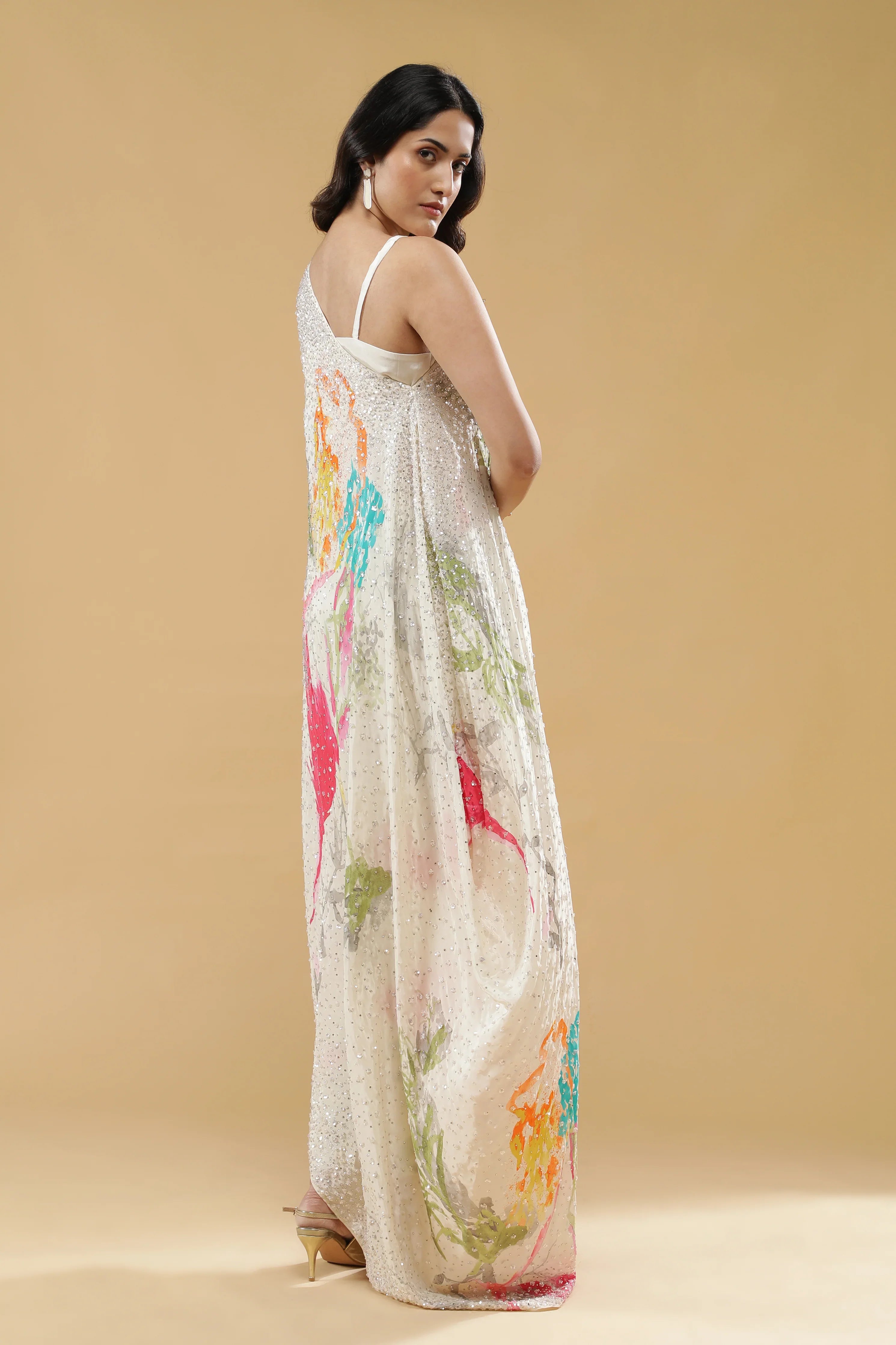 Cream Multi-Colour Printed Crepe Indo-Western Set - Mokshaa