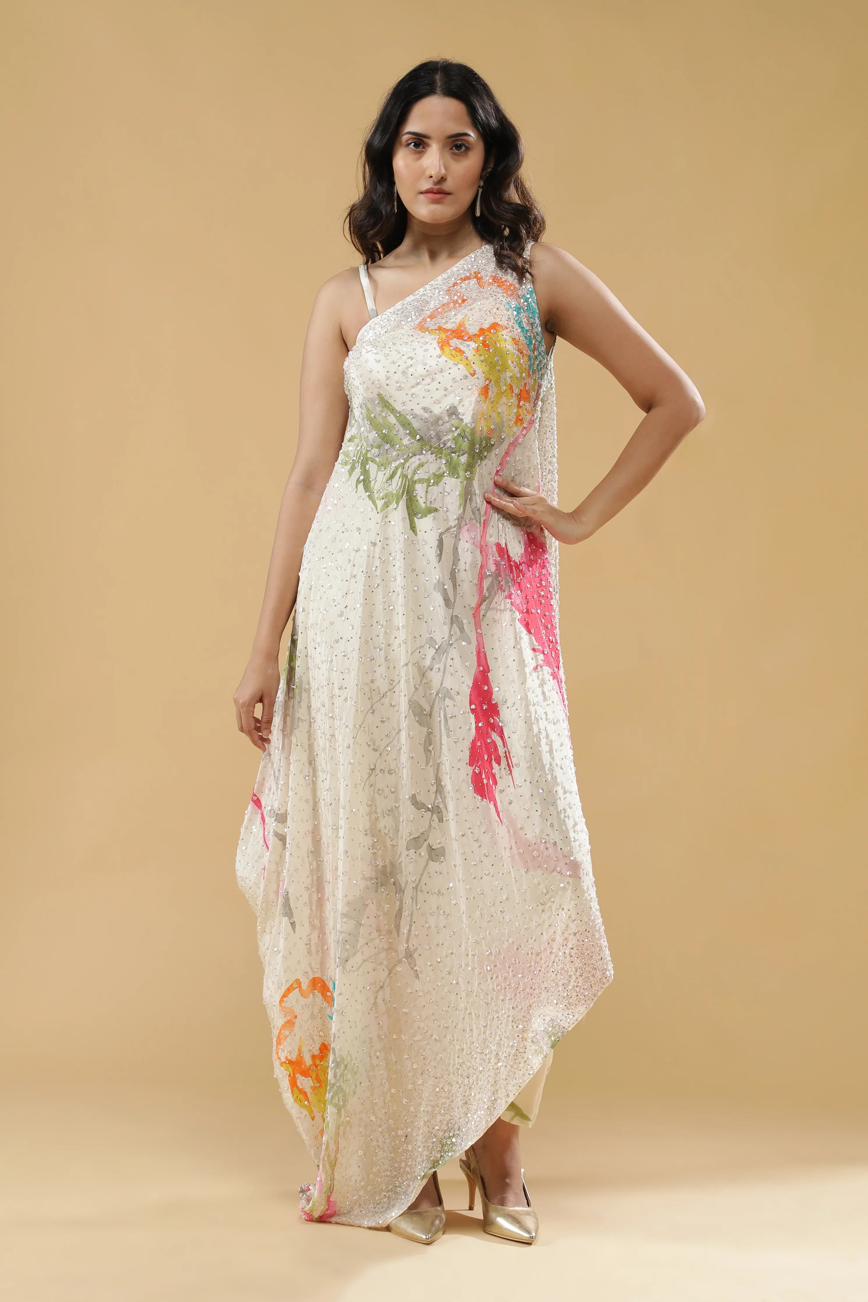 Cream Multi-Colour Printed Crepe Indo-Western Set - Mokshaa