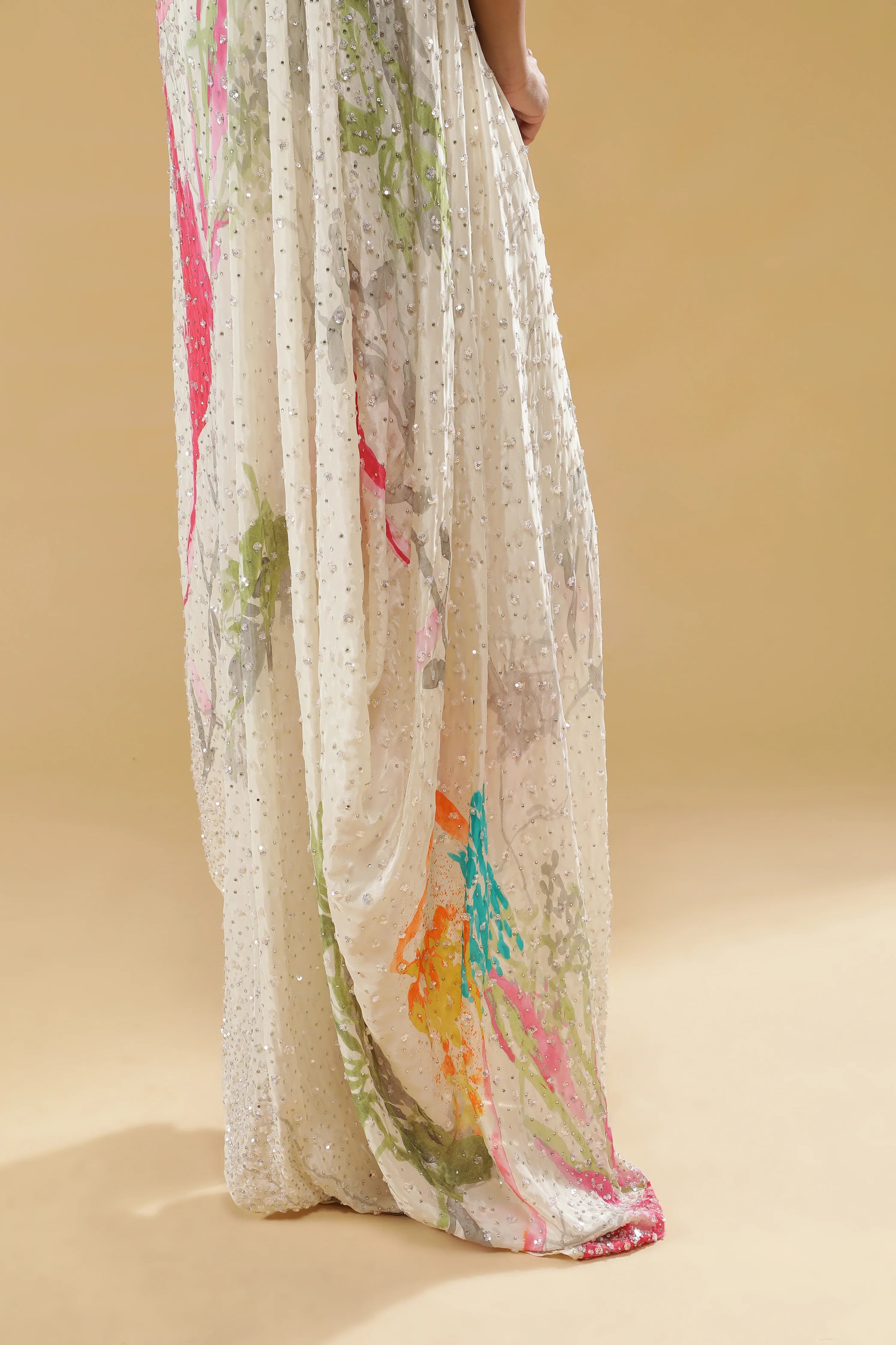 Cream Multi-Colour Printed Crepe Indo-Western Set - Mokshaa