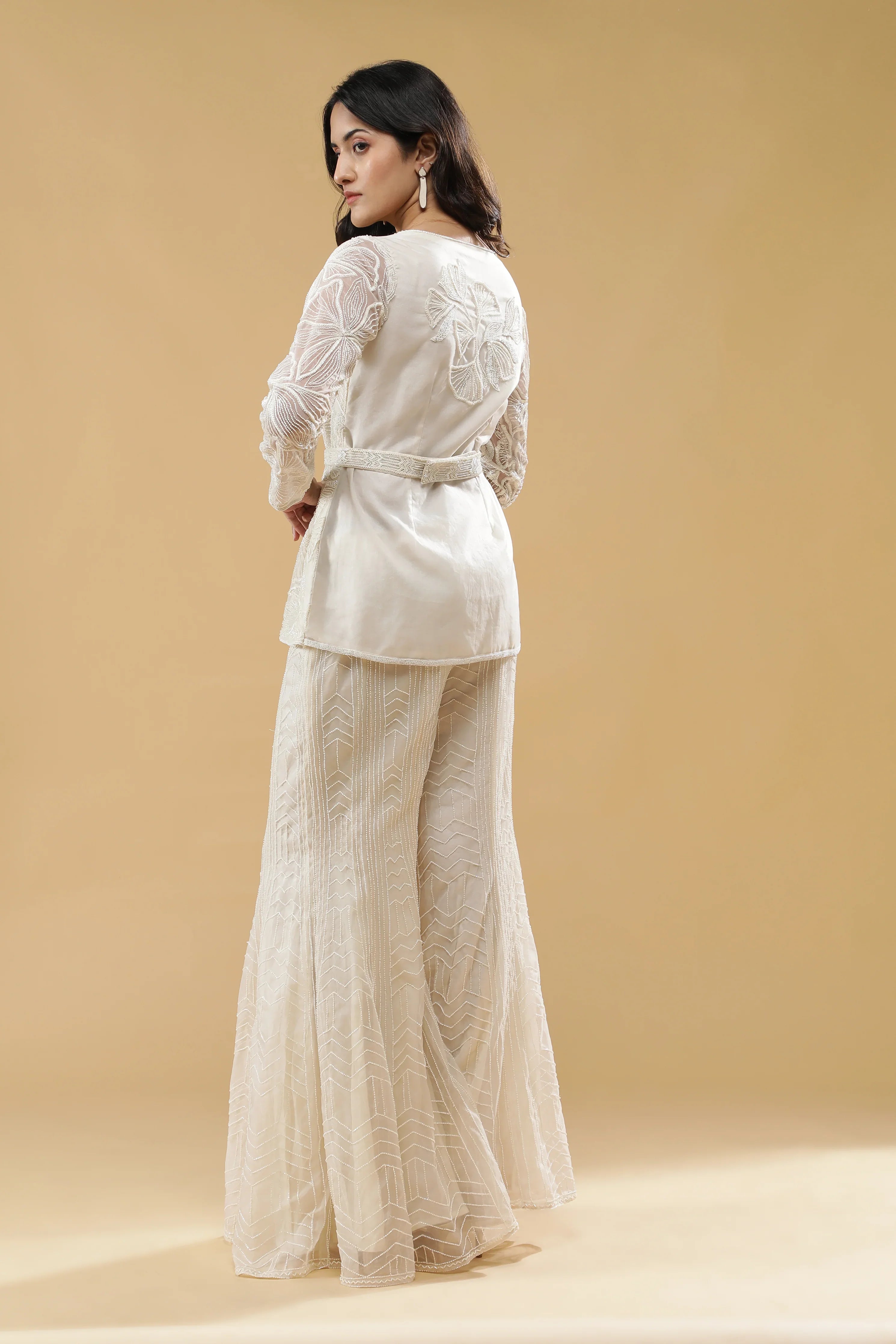 Off White Organza Embroidered Co-ord Set - Mokshaa