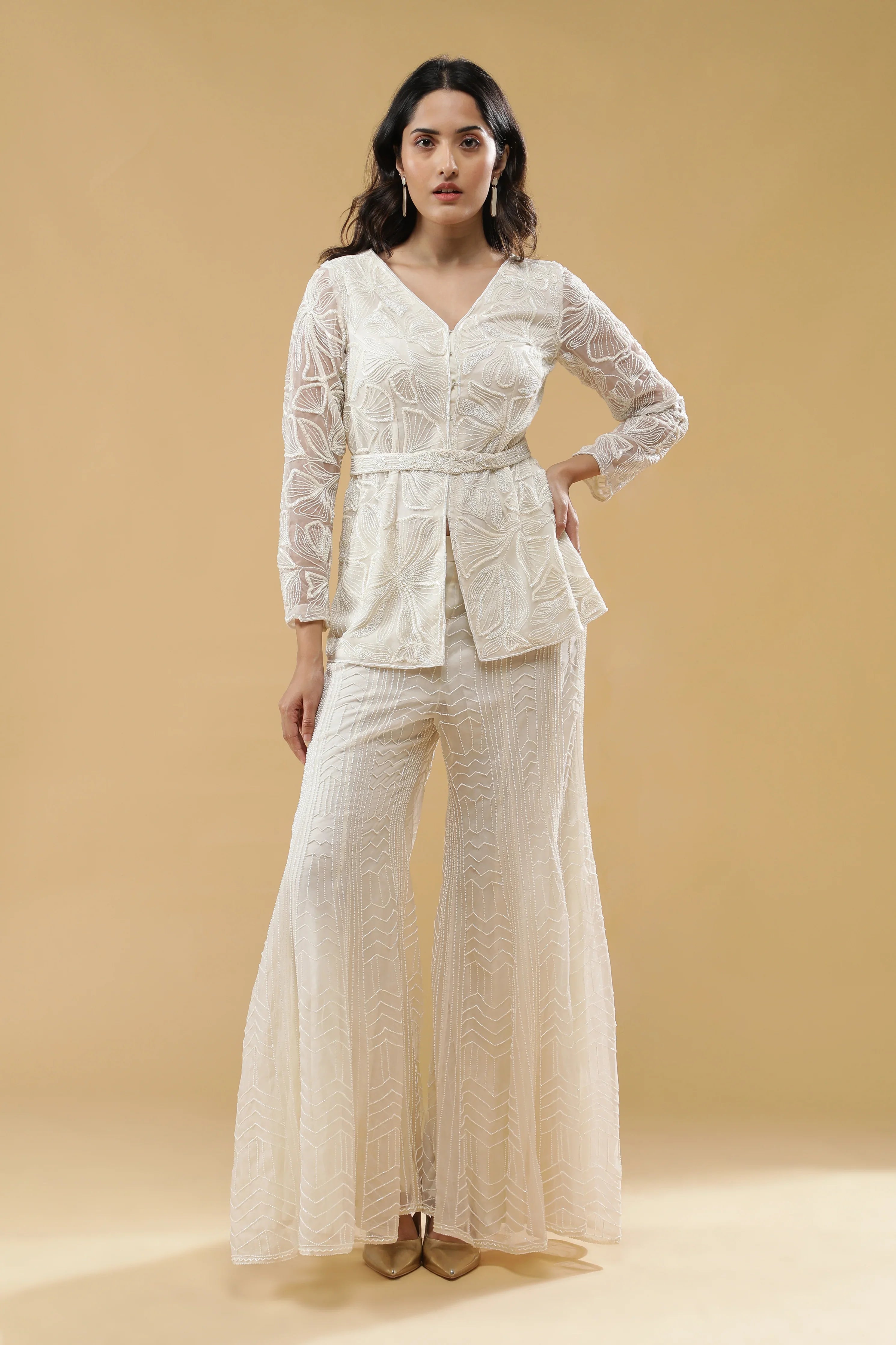 Off White Organza Embroidered Co-ord Set - Mokshaa