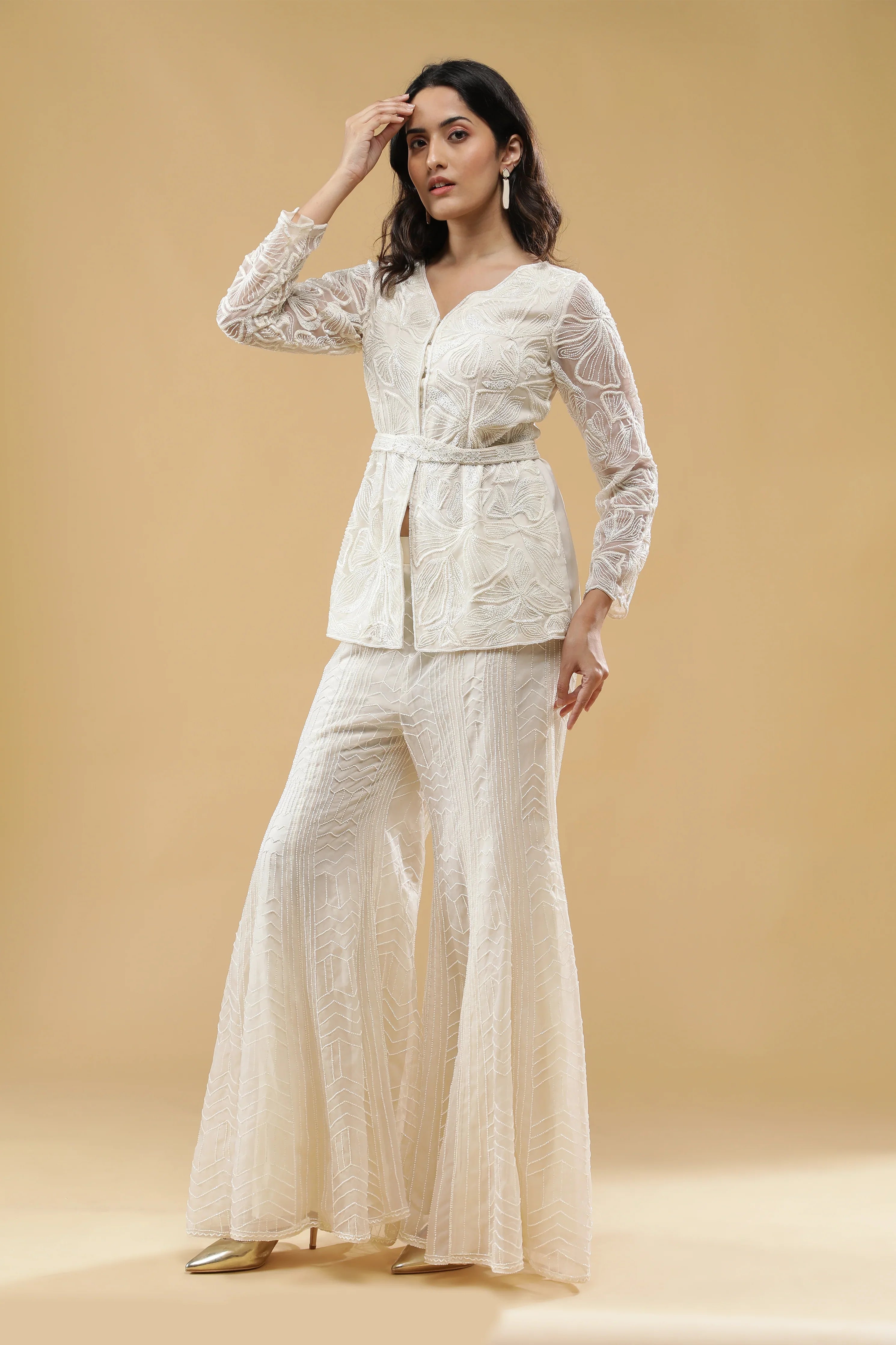 Off White Organza Embroidered Co-ord Set - Mokshaa