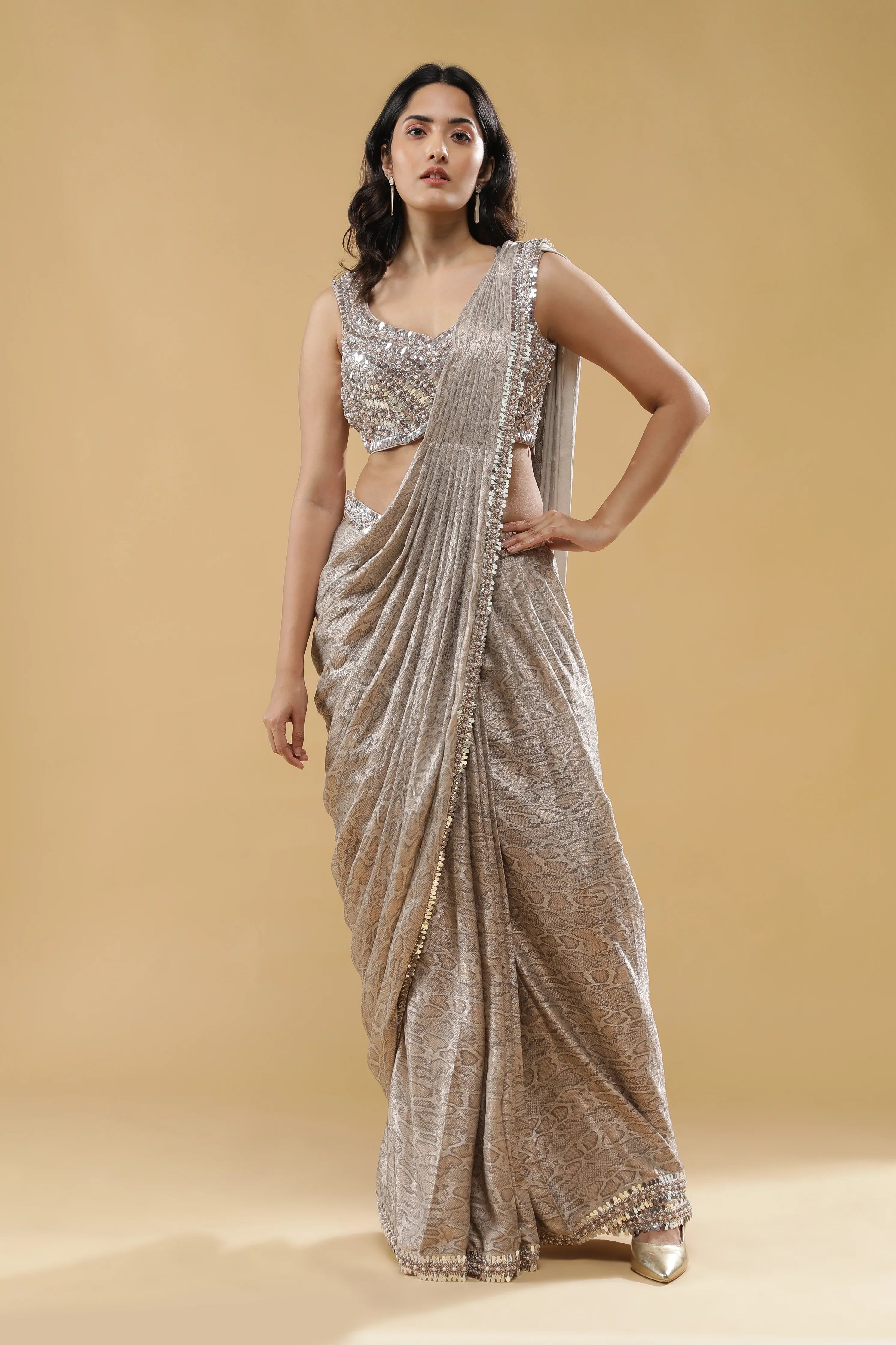 Champagne Printed Drape Saree - Mokshaa