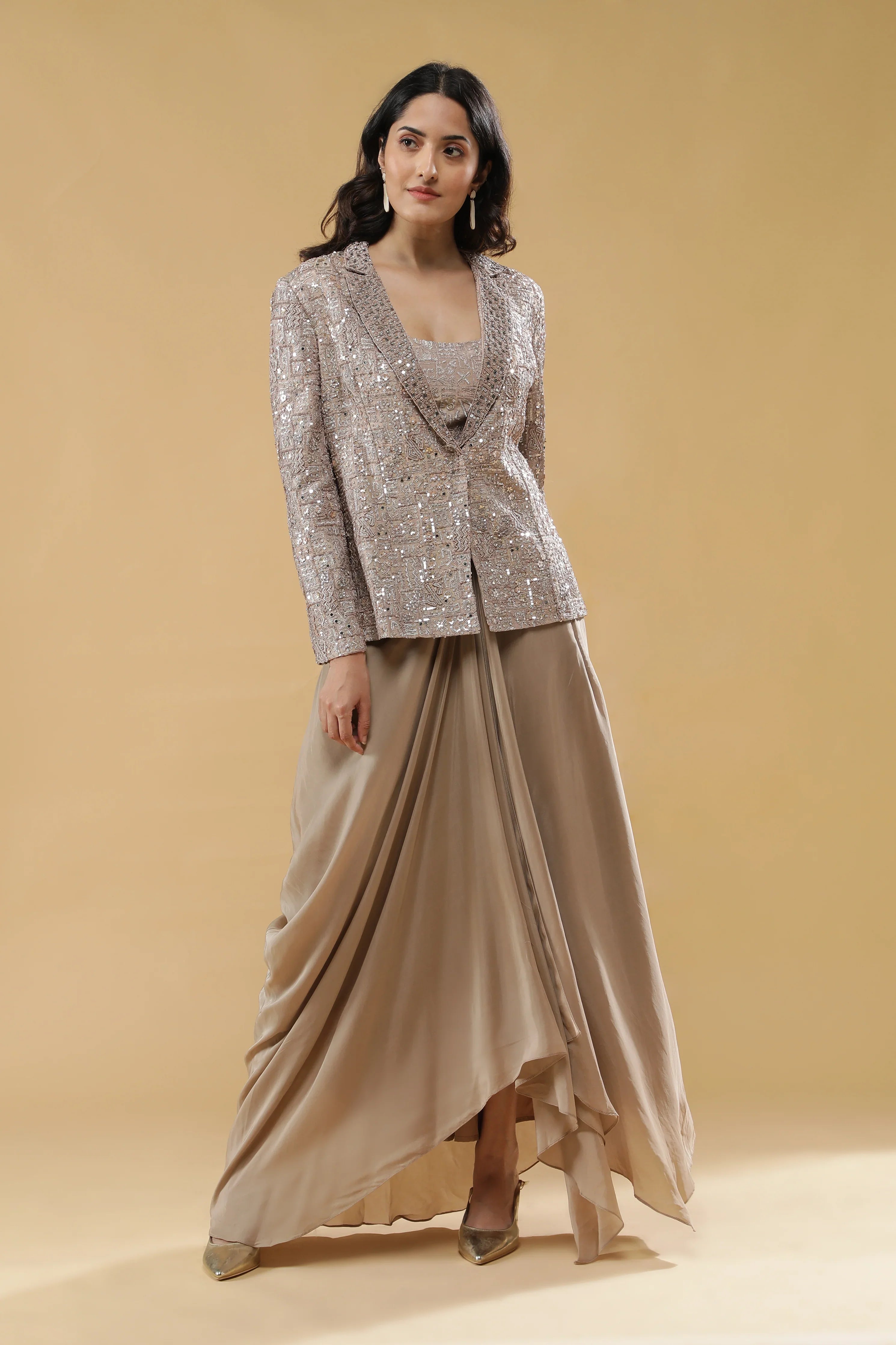Champagne Gold Chinon Drape Skirt Set - Mokshaa
