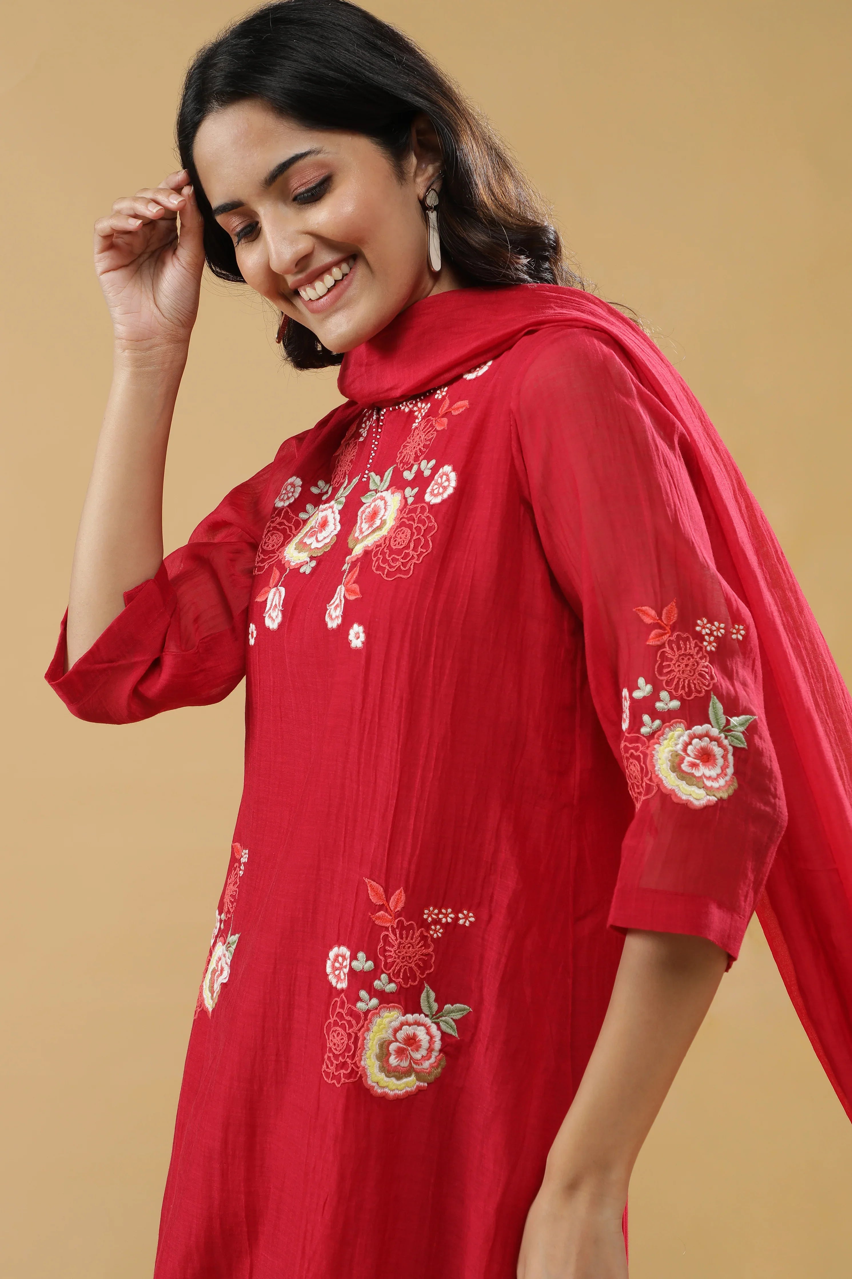 Red Chanderi Silk Straight-Cut Salwar Set - Mokshaa
