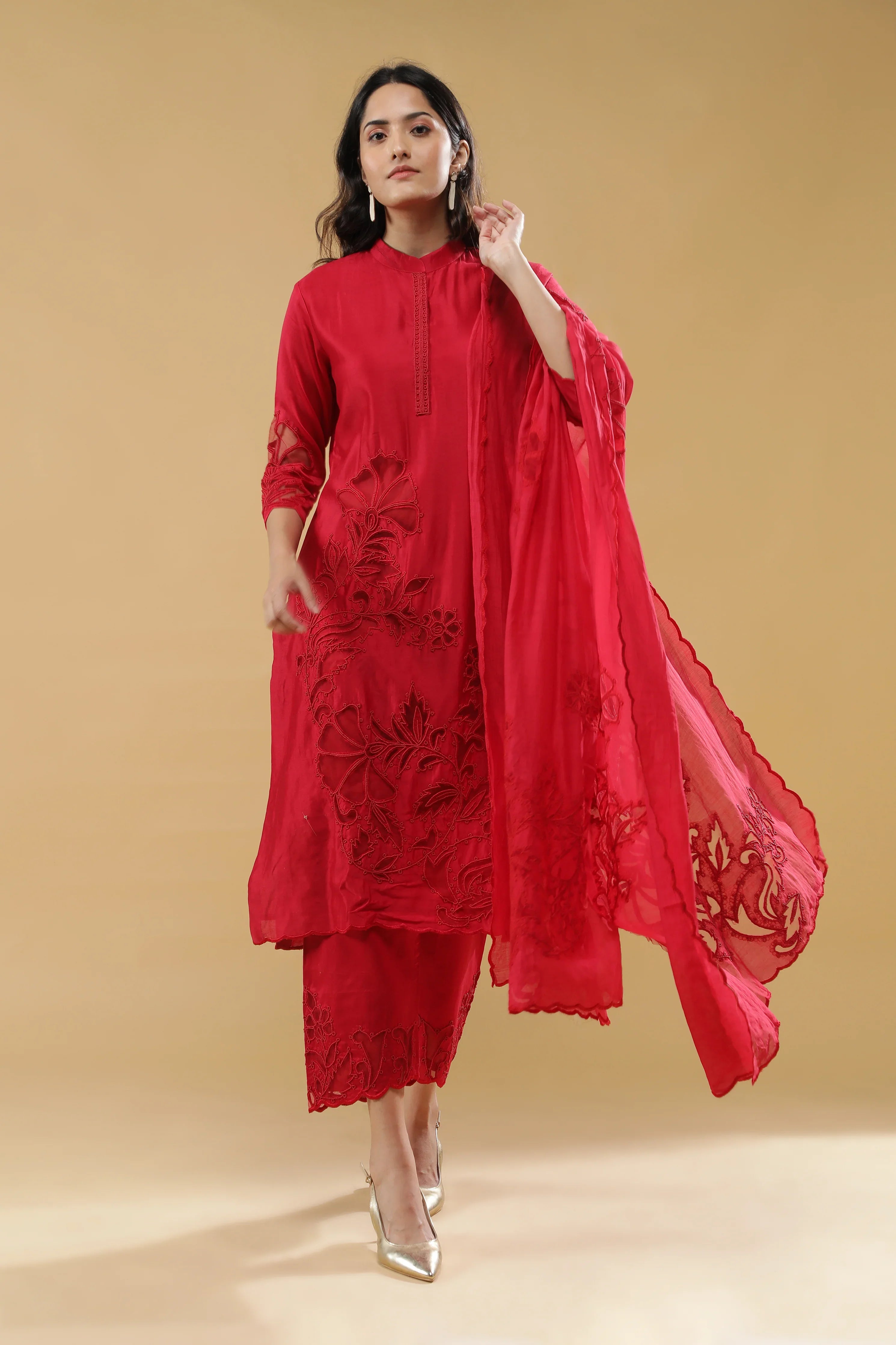 Red Chanderi Silk Salwar Set - Mokshaa