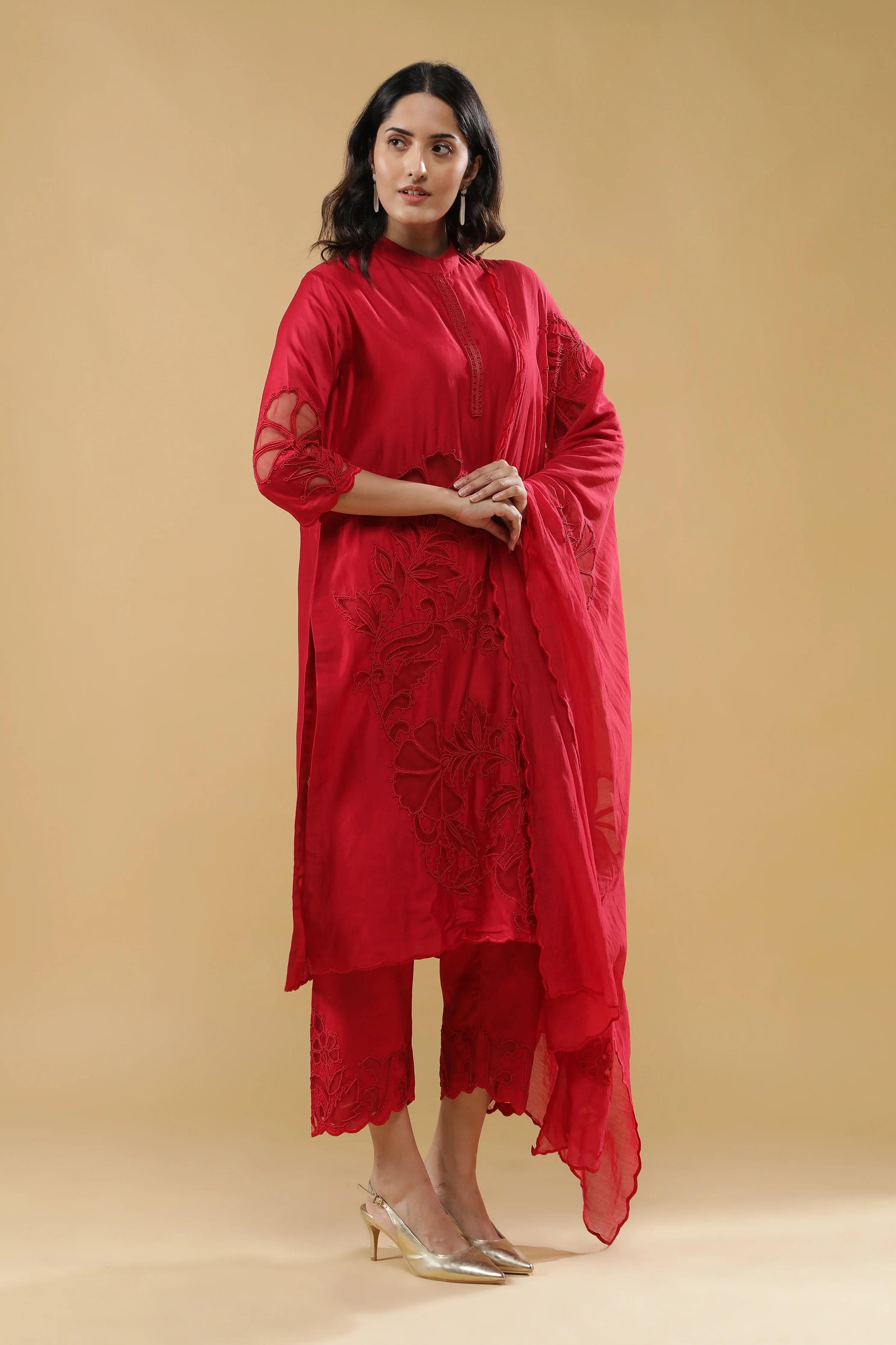 Red Chanderi Silk Salwar Set - Mokshaa