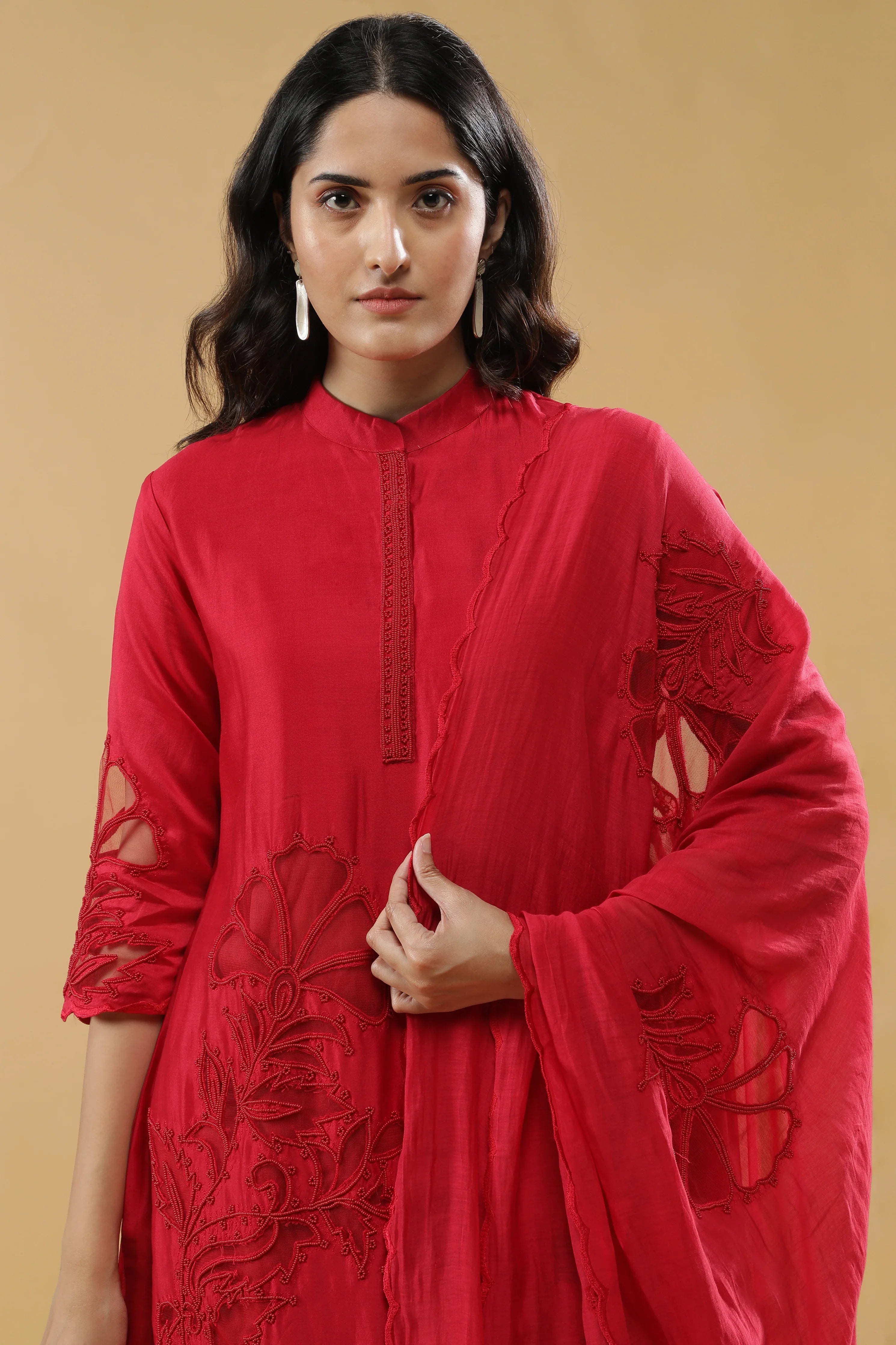 Red Chanderi Silk Salwar Set - Mokshaa