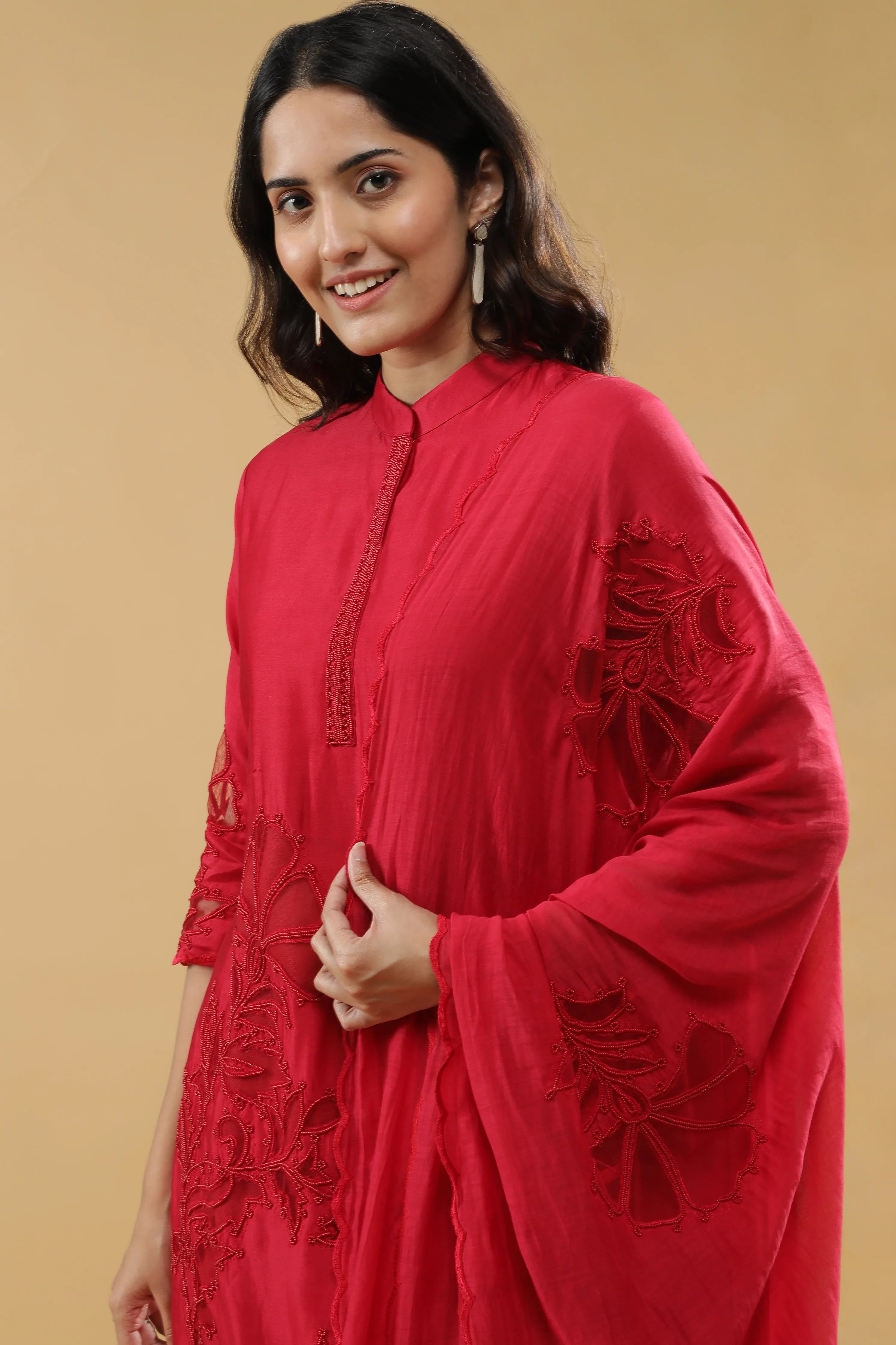 Red Chanderi Silk Salwar Set - Mokshaa