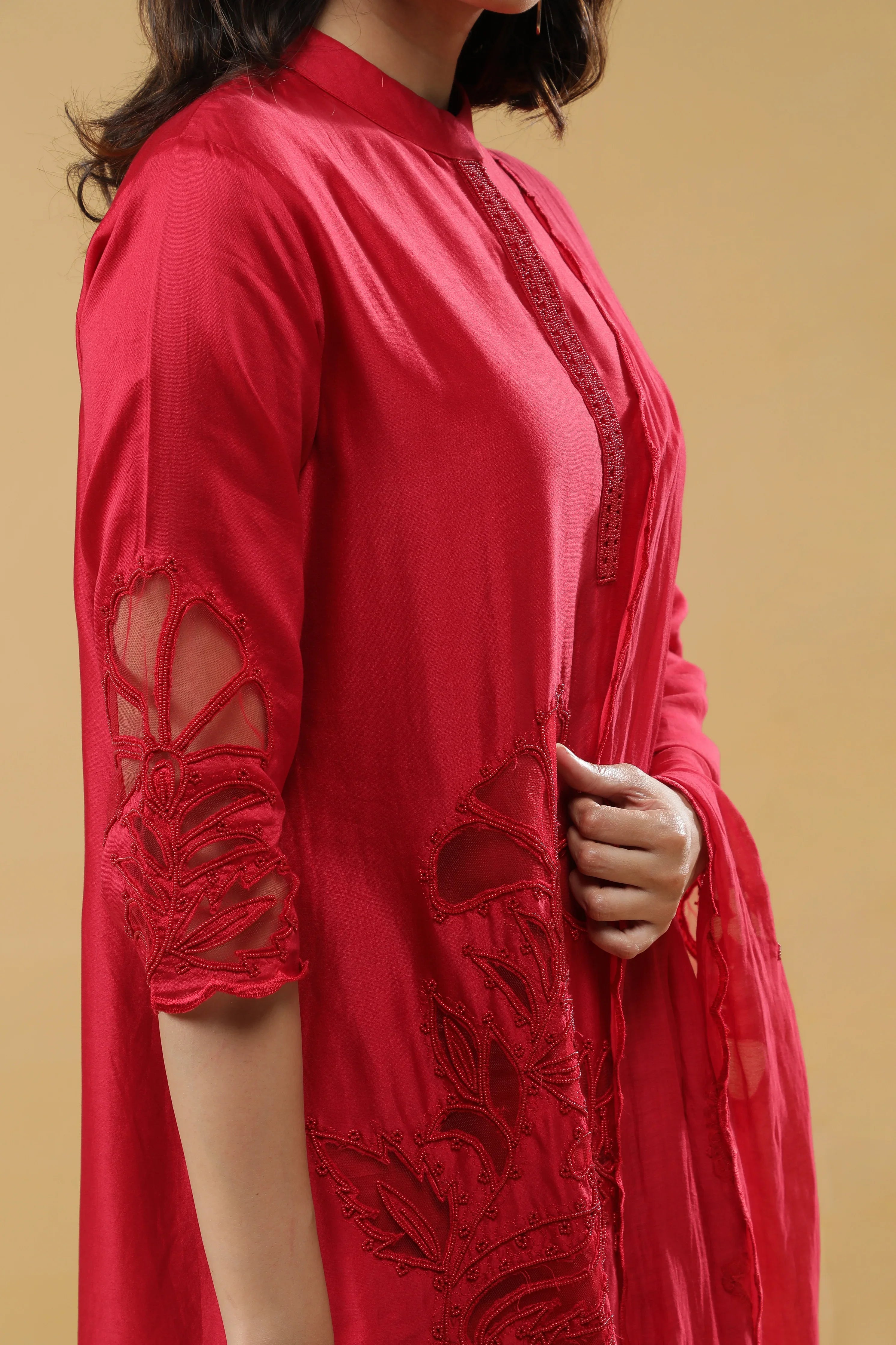 Red Chanderi Silk Salwar Set - Mokshaa