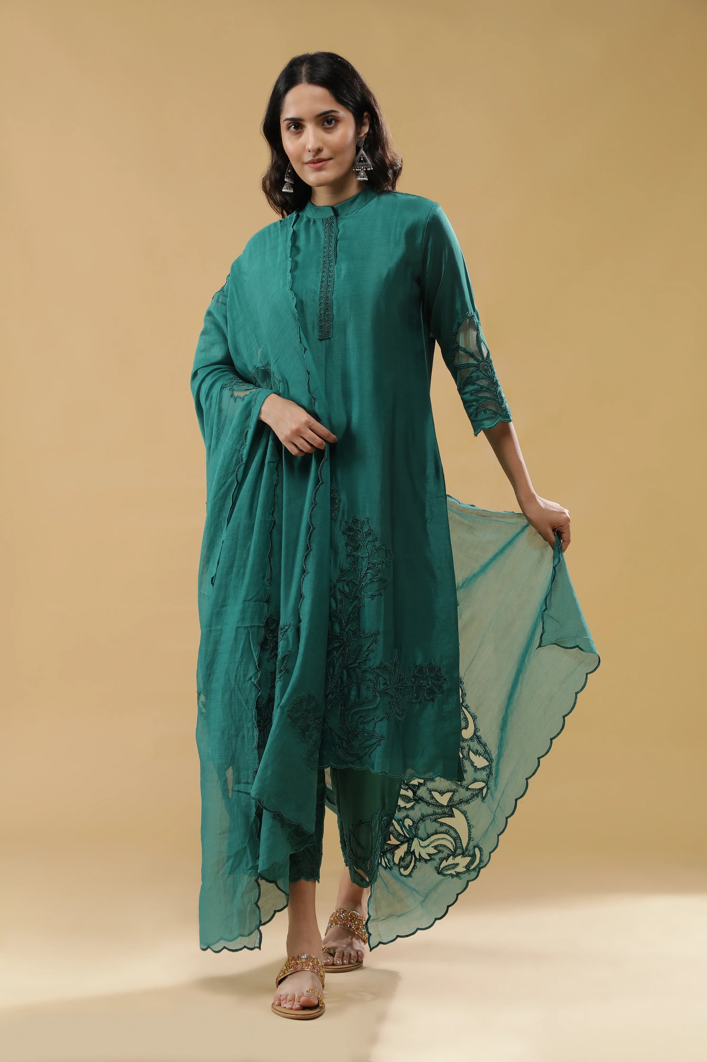 Bottle Green Chanderi Silk Straight-Cut Suit - Mokshaa